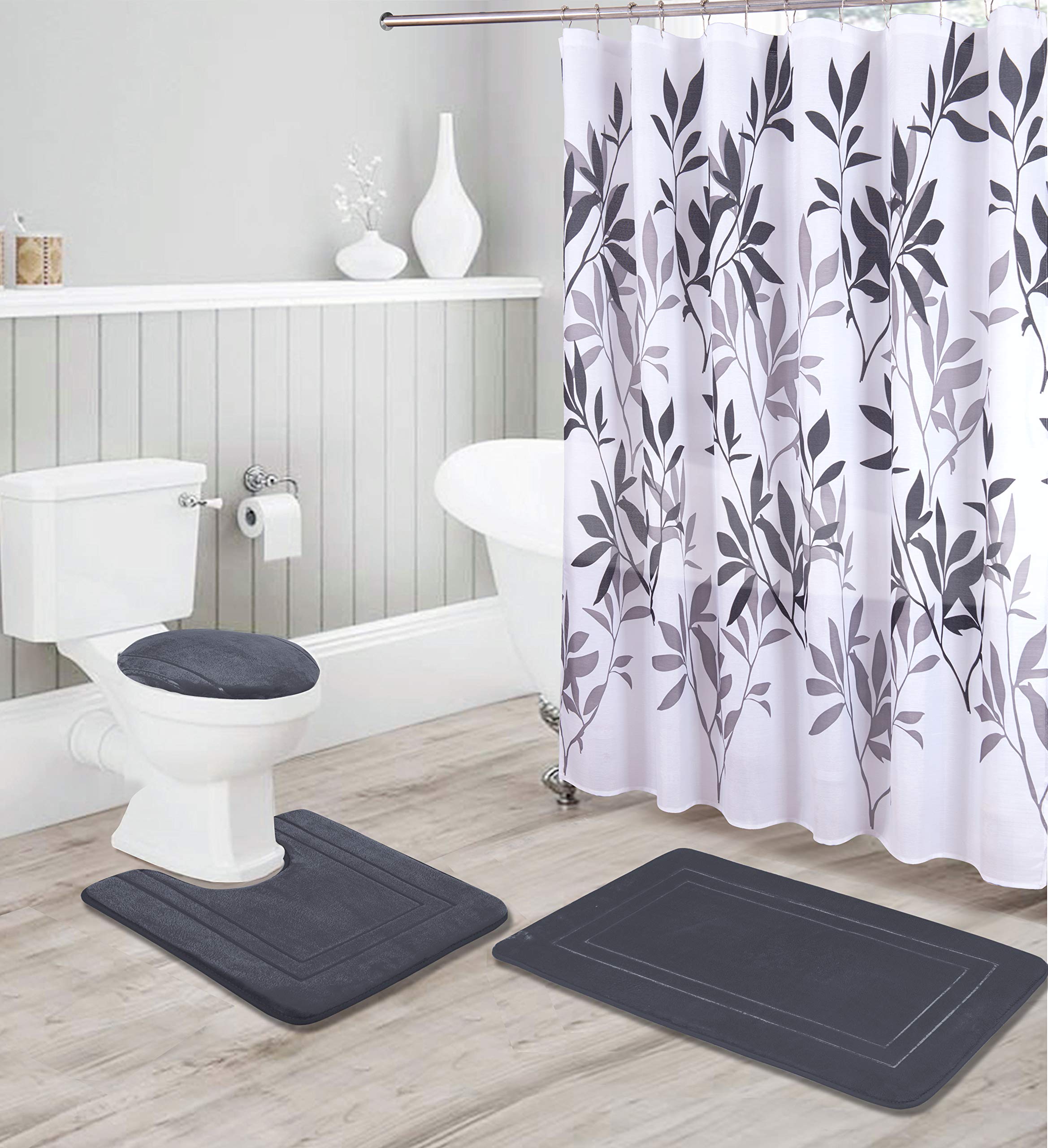 Bathroom Collection Charcoal 16Pc Bathroom Accessory Set - Non-Slip Bath Mat, Non-Slip Contour Mat, Toilet Lid Cover And Waterpr