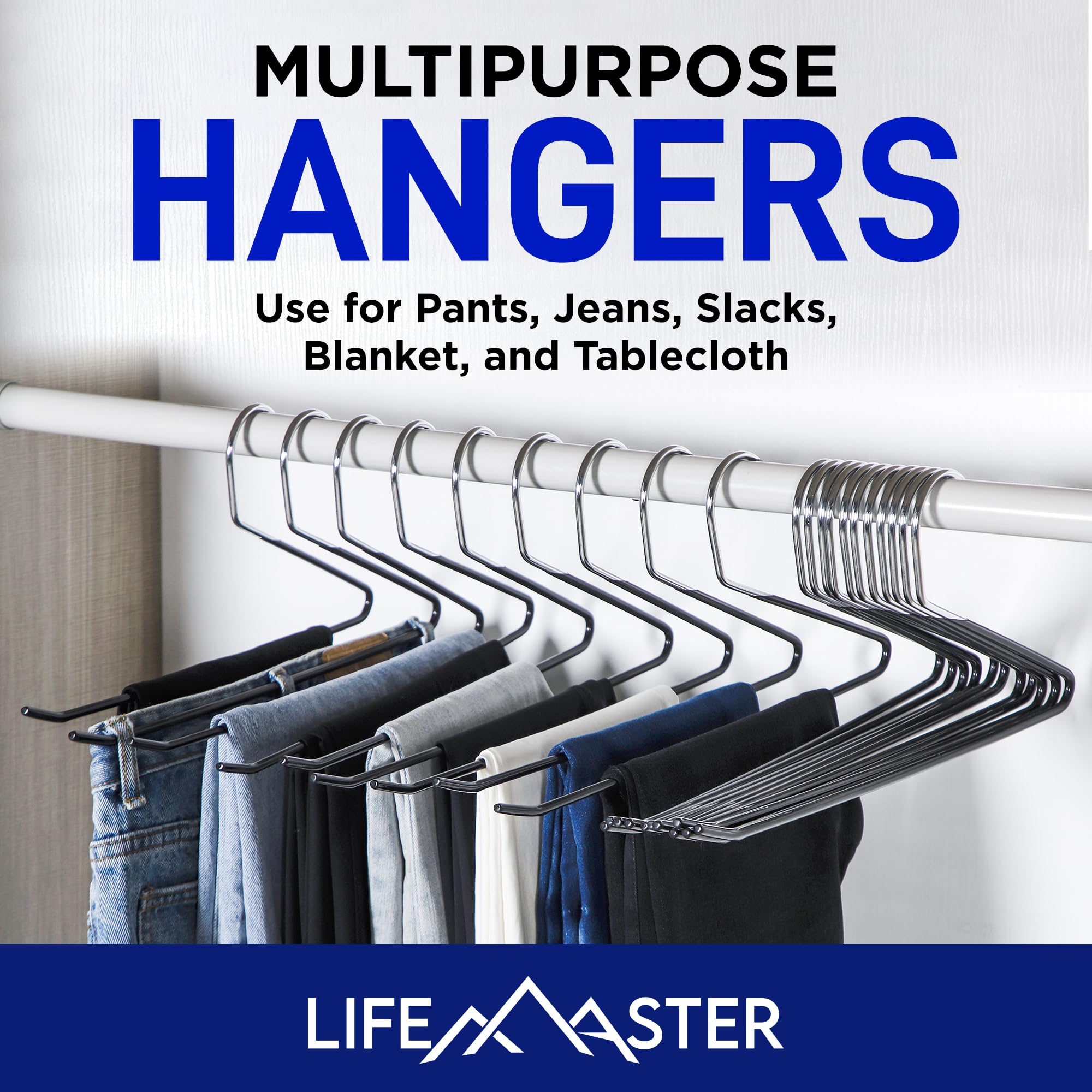 Lifemaster Metal Pants Hanger Set - 50 Pieces Elegant Non-Slip Closet Space Saving Hanger Set For Pants, Trouser, Blankets, And