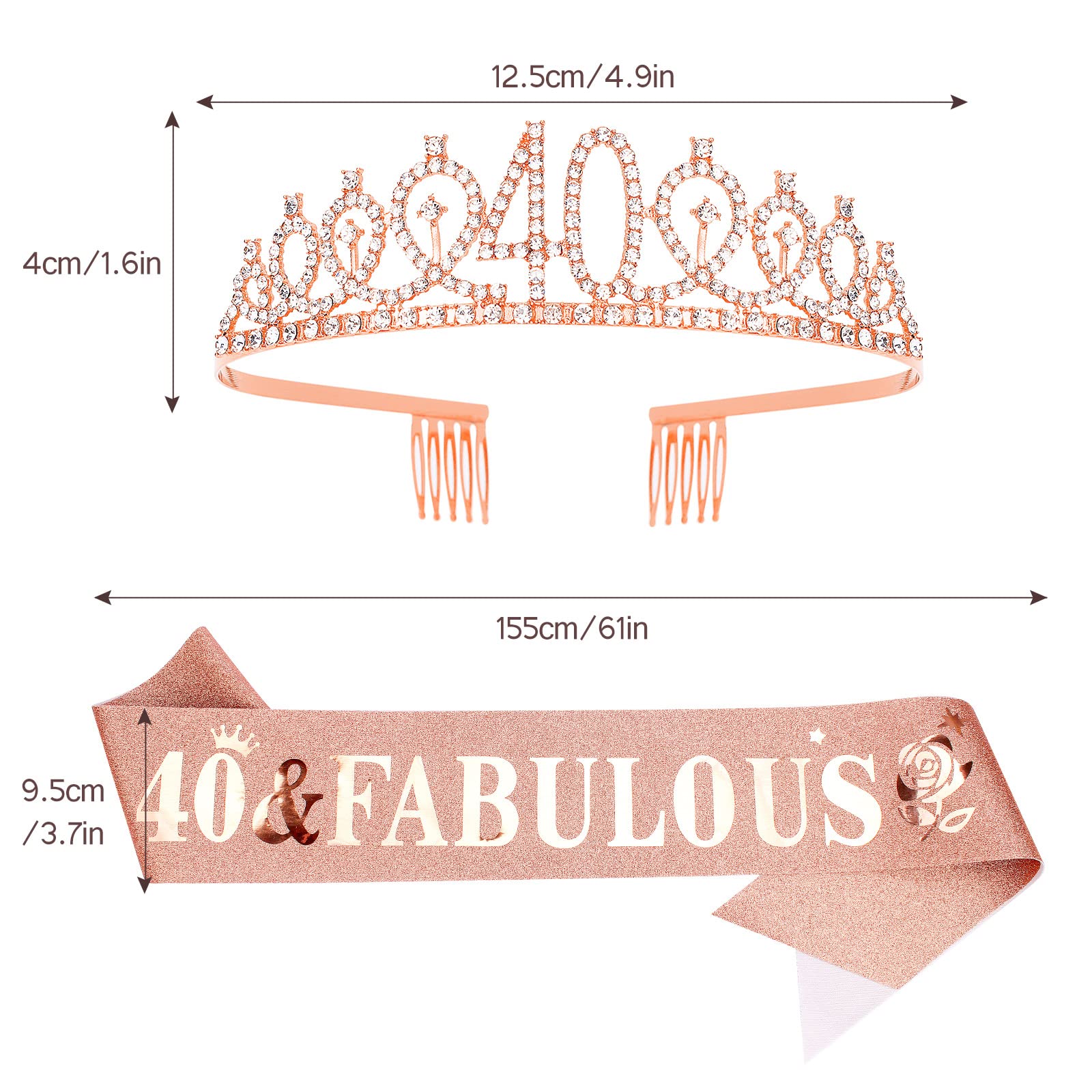 Casoty 40Th Birthday Sash And Tiara For Women, 40Th Birthday Decorations Women, Rose Gold 40Th Crown And 40 & Fabulous Sash Set,