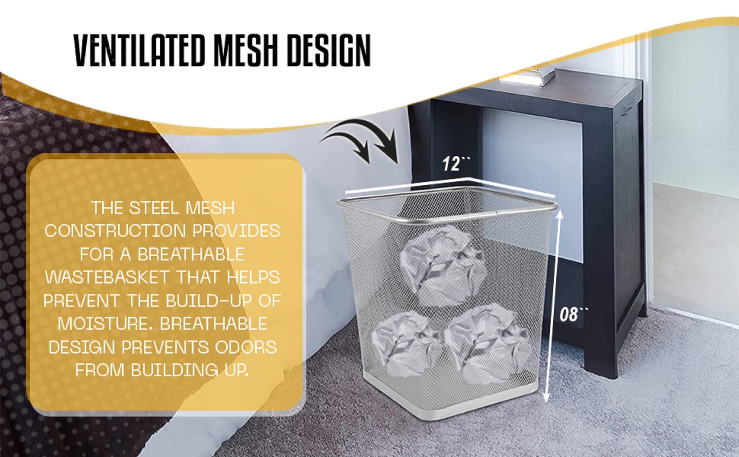 Ybm Home Mesh Wastebasket Trash Can For Home And Office Workspace, Metal Office Trash Can Rectangular-Shaped, 3.5 Gallon (6 Pack