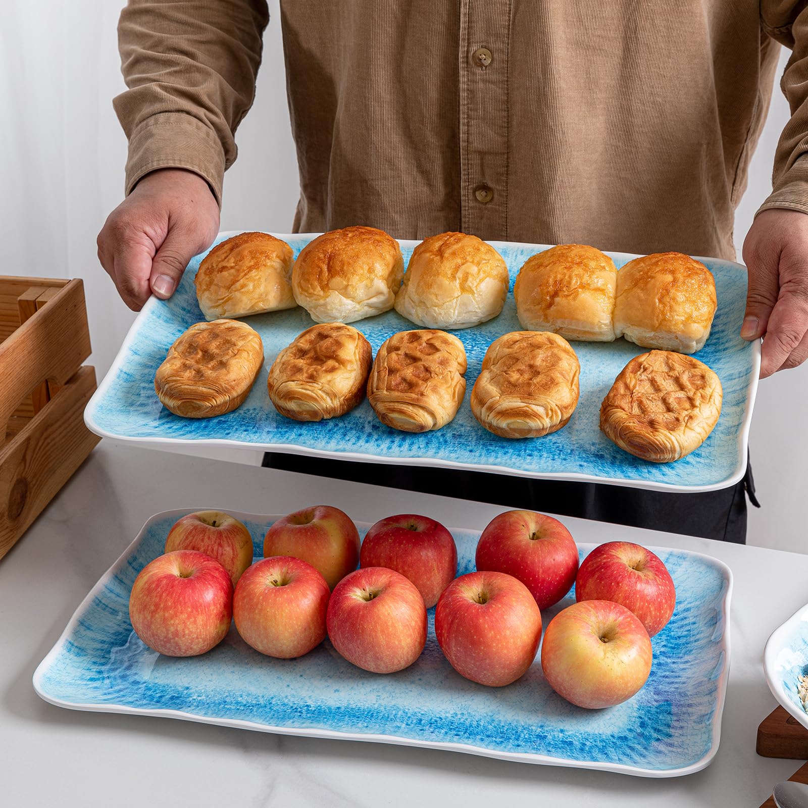 Zarocrus Large Farmhouse Melamine Serving Trays, Set Of 2, 17 X 10 Inches Serving Platters For Food Serving, Durable And Dishwas
