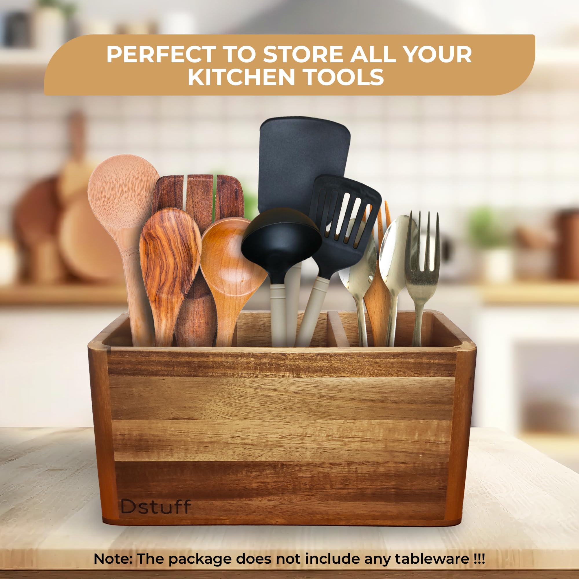 Dstuff Large Kitchen Utensil Holder Organizer For Counter Or Countertop, Large Wooden Utensil Holder For Storage Cooking And Sil