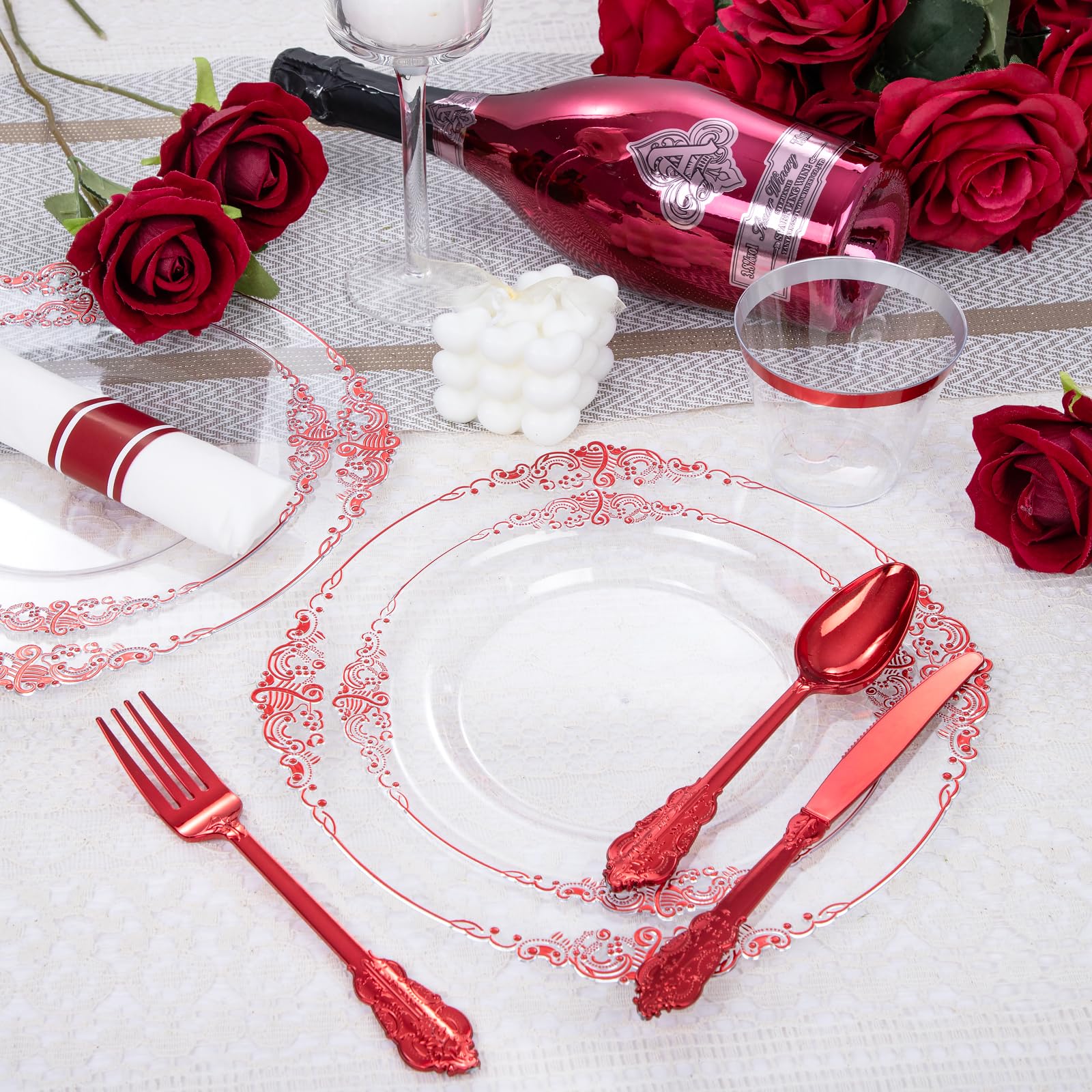 Hioasis 350Pcs Clear And Red Plastic Plates, Red Dinnerware Set For 50 Guests Include 50 Dinner Plates,50 Dessert Plates,50 Pre