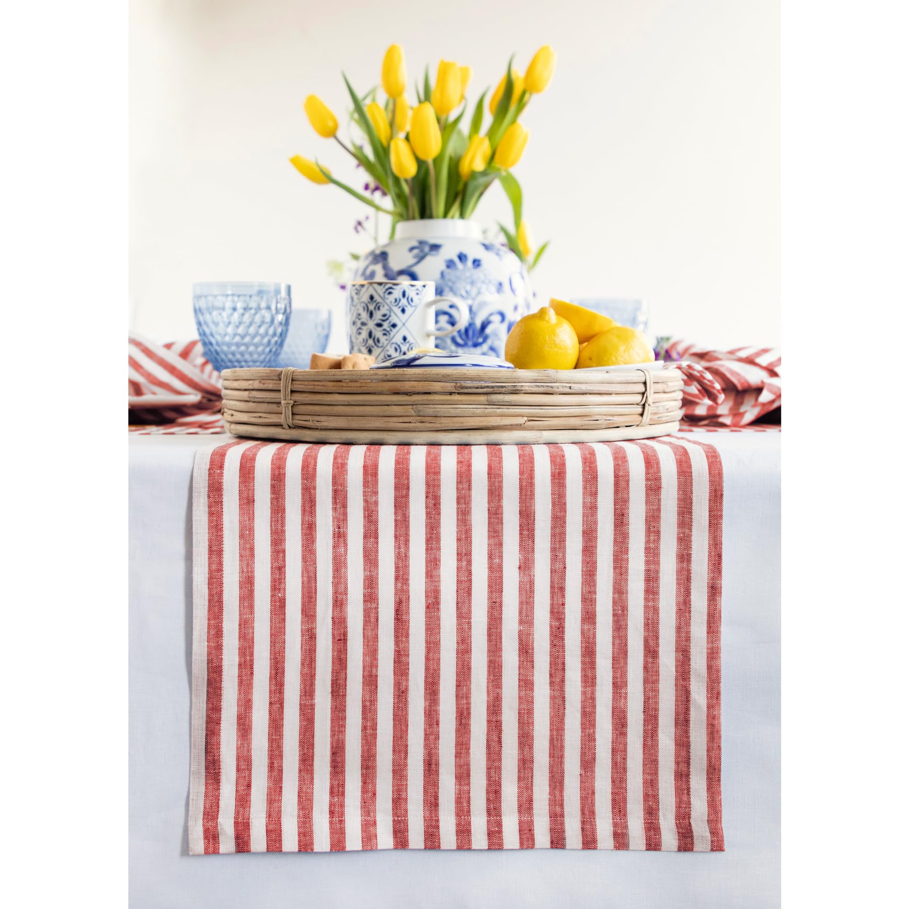 Solino Home Stripe Linen Table Runner 36 Inches - 100% Pure Linen 14 X 36 Inch Table Runner, Red And White Amalfi Stripe - Small