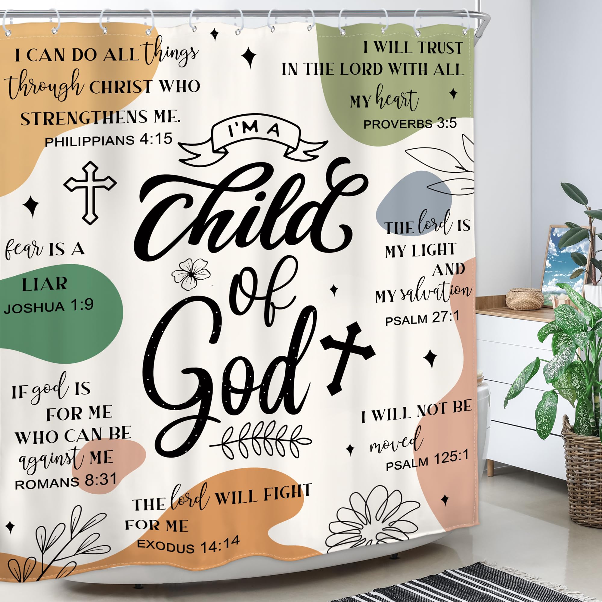 Homewelle Abstract Bible Verse Shower Curtain Boho Mid Century Inspirational Quotes Minimalist Geometric Christian Scripture Pla