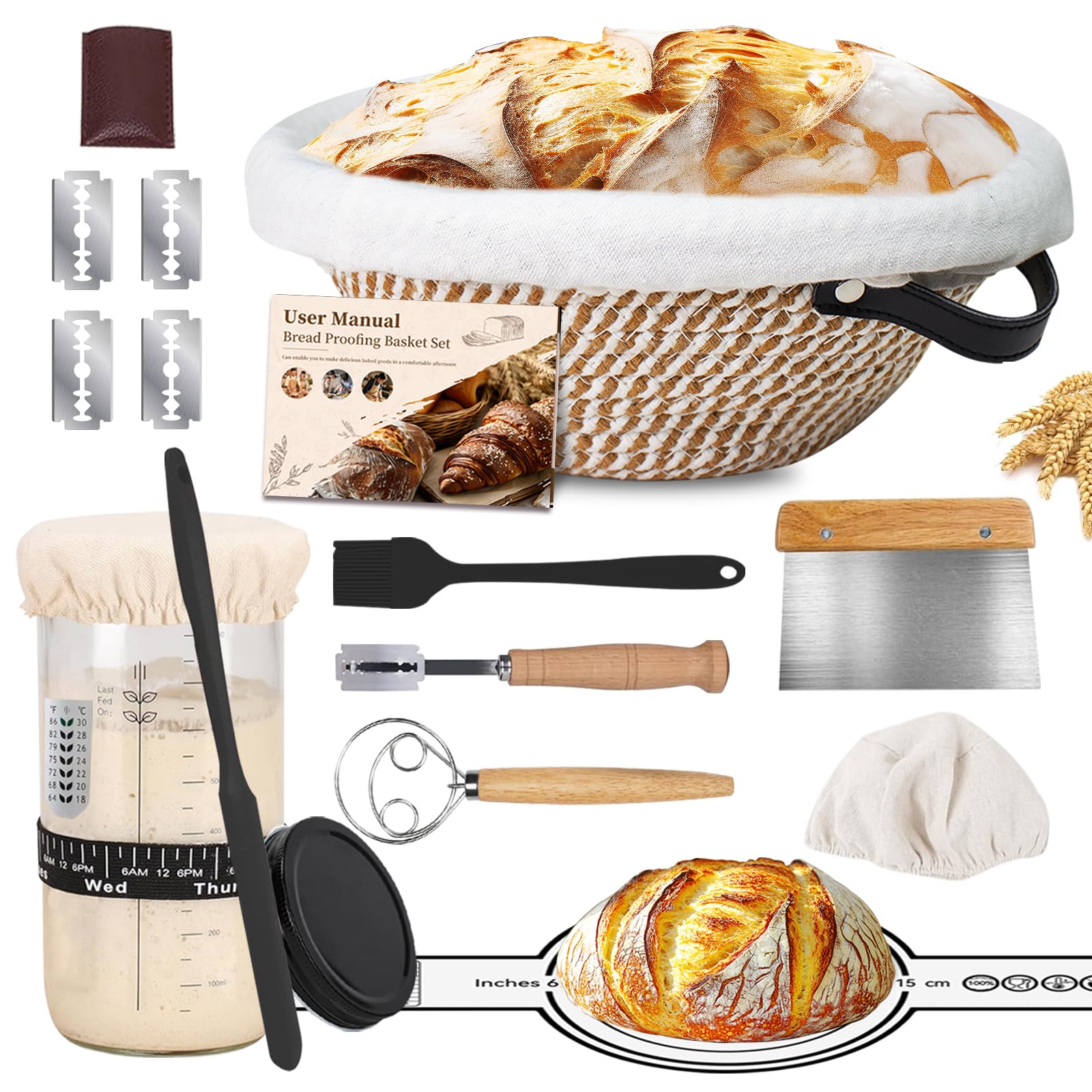 Sourdough Starter Kit,Banneton Bread Proofing Basket 10Inch Round,Sourdough Bread Baking Supplies With Starter Jar,Bread Sling,L