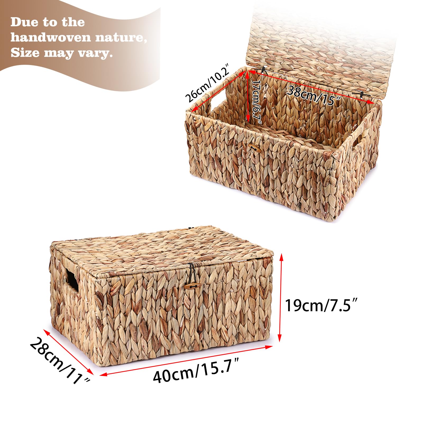 Hipiwe Wicker Storage Bins With Lid, X-Large Handwoven Water Hyacinth Wicker Baskets Rectangular Decorative Shelf Baskets Bin Bu