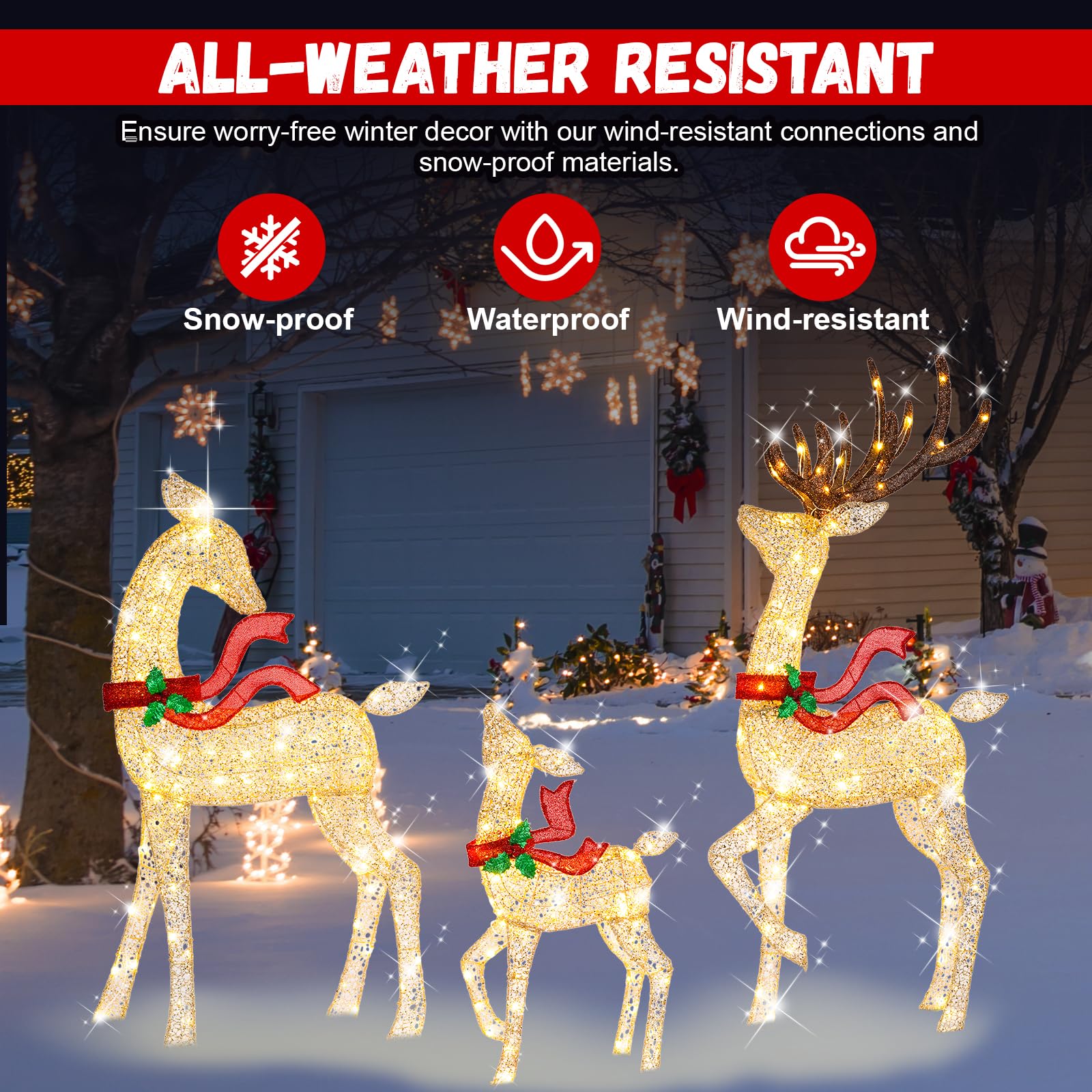 MARACOL 62-Inch Lighted Reindeer Christmas Decoration Set, 3-Piece Family, 200 LED Warm White Lights, Gold Metal for Outdoor Yard Garden Party
