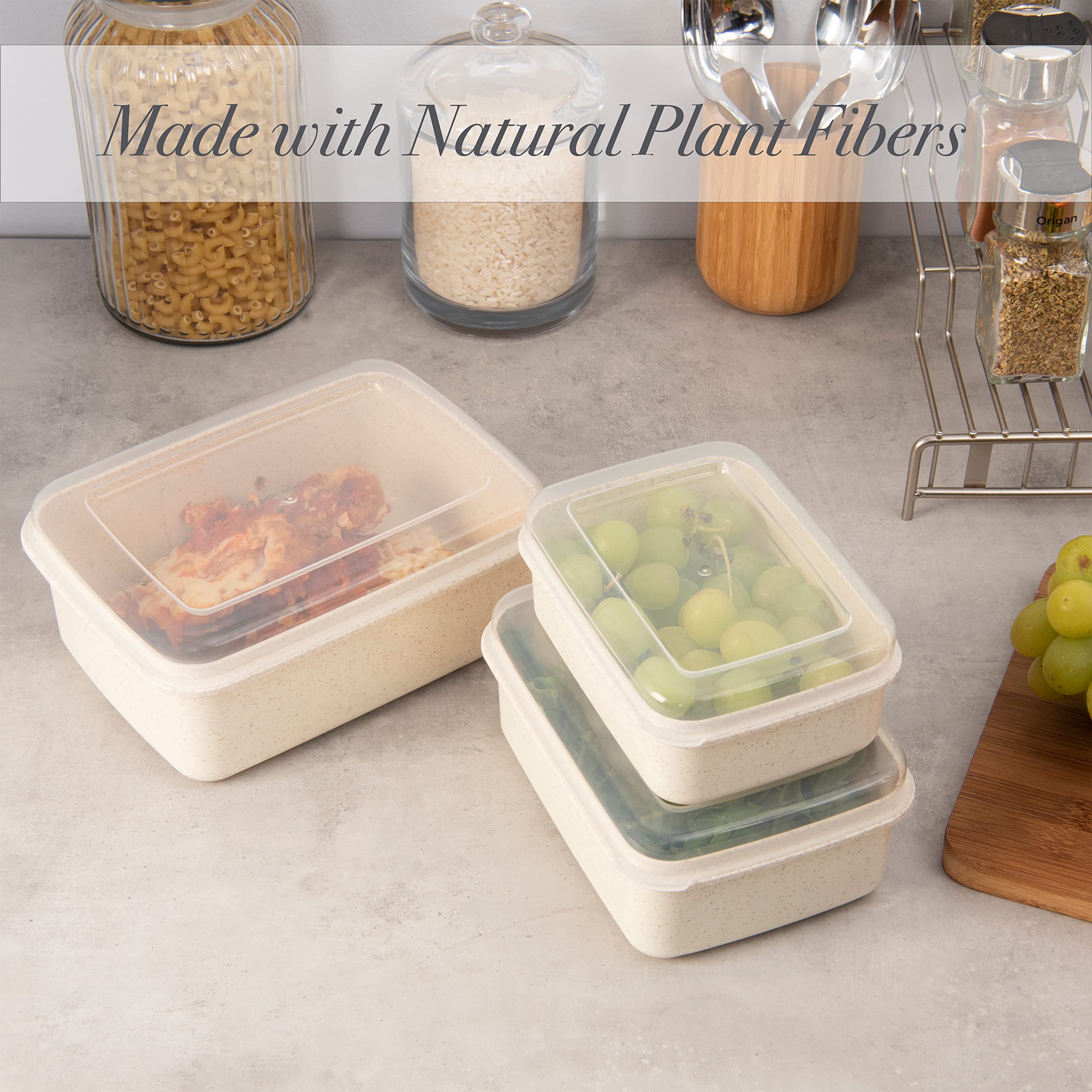 Simplify 6 Piece Set Eco Wheat Plastic Food Storage Containers | Clear Lid | Meal Prep | Leftovers | Kitchen | Lunch | Natural |