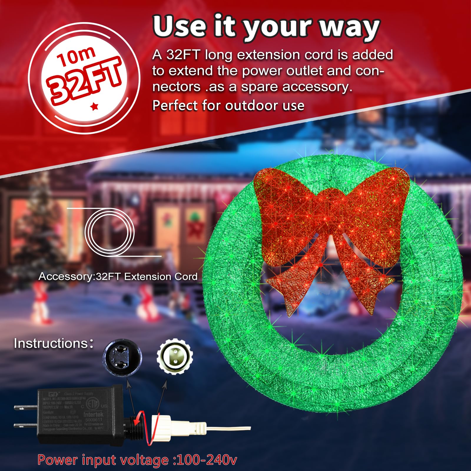 HOYECHI 48-Inch Christmas Wreath - Green Metal Outdoor Decor with LED Lights, Model HYC812