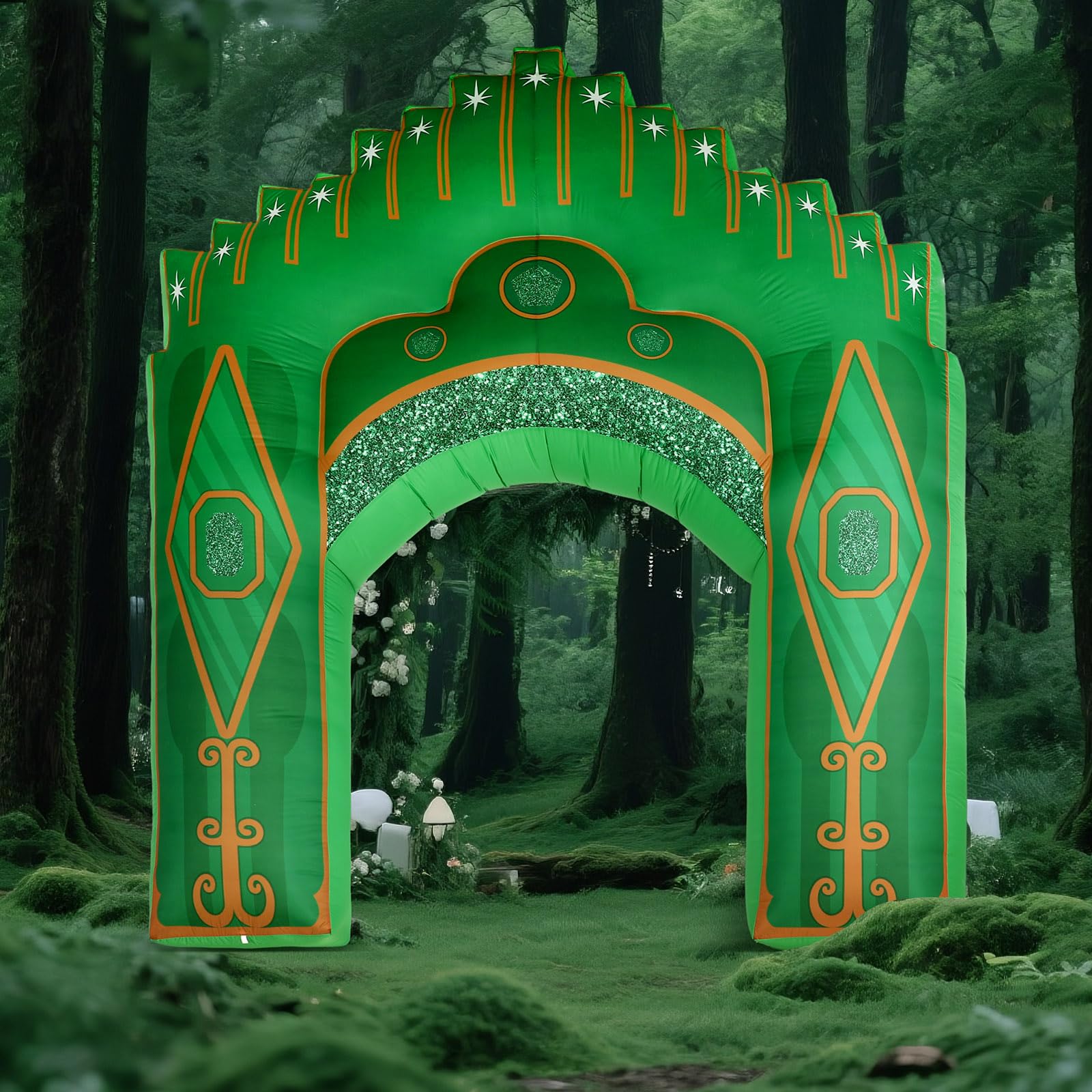 Preboun 10ft Inflatable Green Castle Emerald Green Castle Inflatables Arch Blow up Archway Built in LED Lights for Wizard Birthd