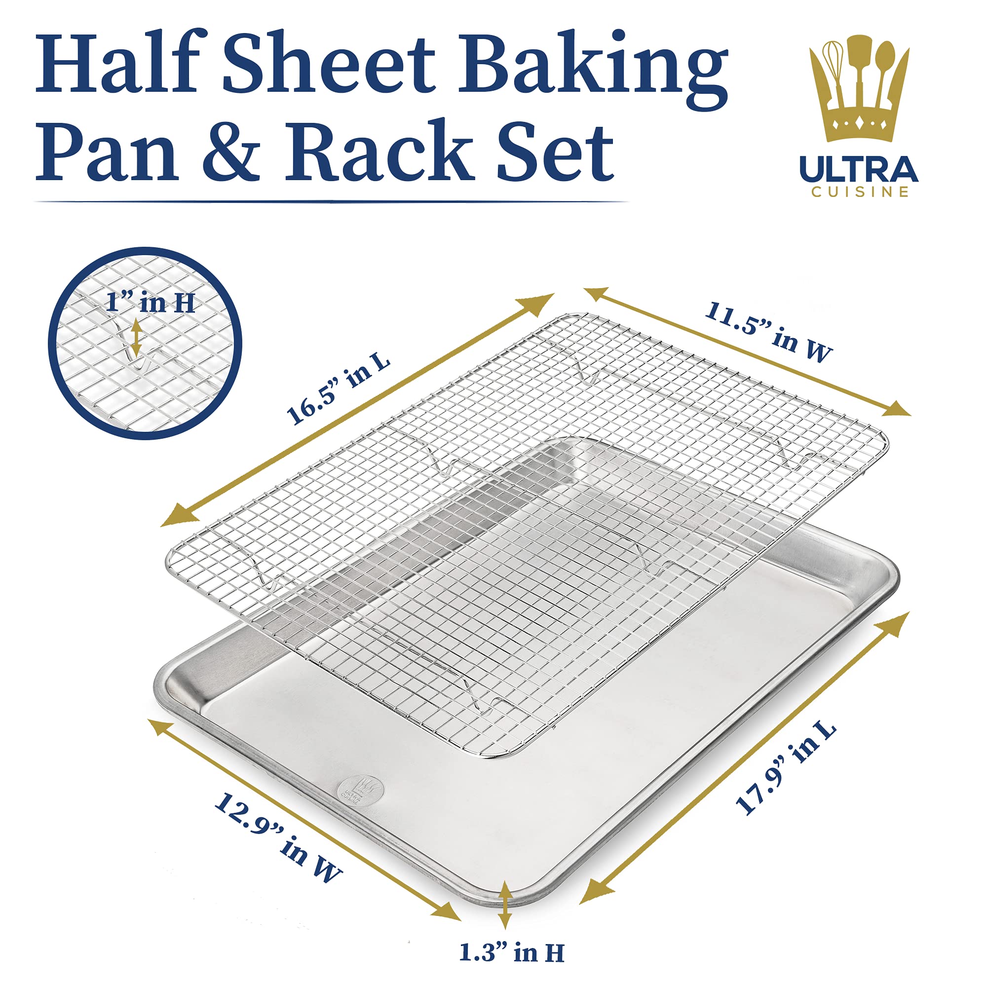 Ultra Cuisine Aluminum Baking Sheet With Stainless Steel Cooling Rack Set - Half Sheet Size Pan 13 X 18 Inch, Durable Rimmed Sid