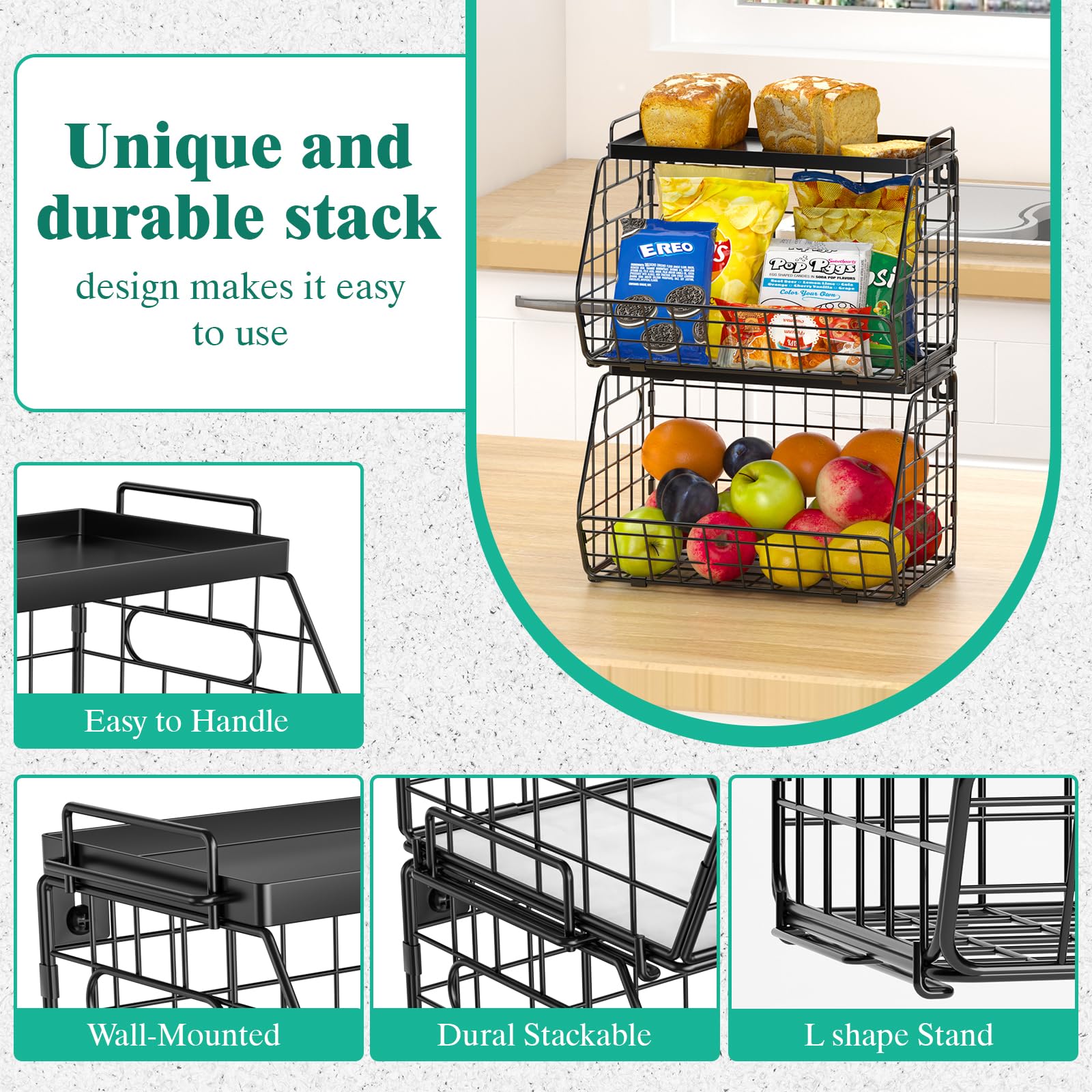 Chloryard 3-Tier Stackable Fruit Basket Kitchen Potato Onion Storage Wire Baskets With Tray Top, Wall-Mounted & Countertop Tiere