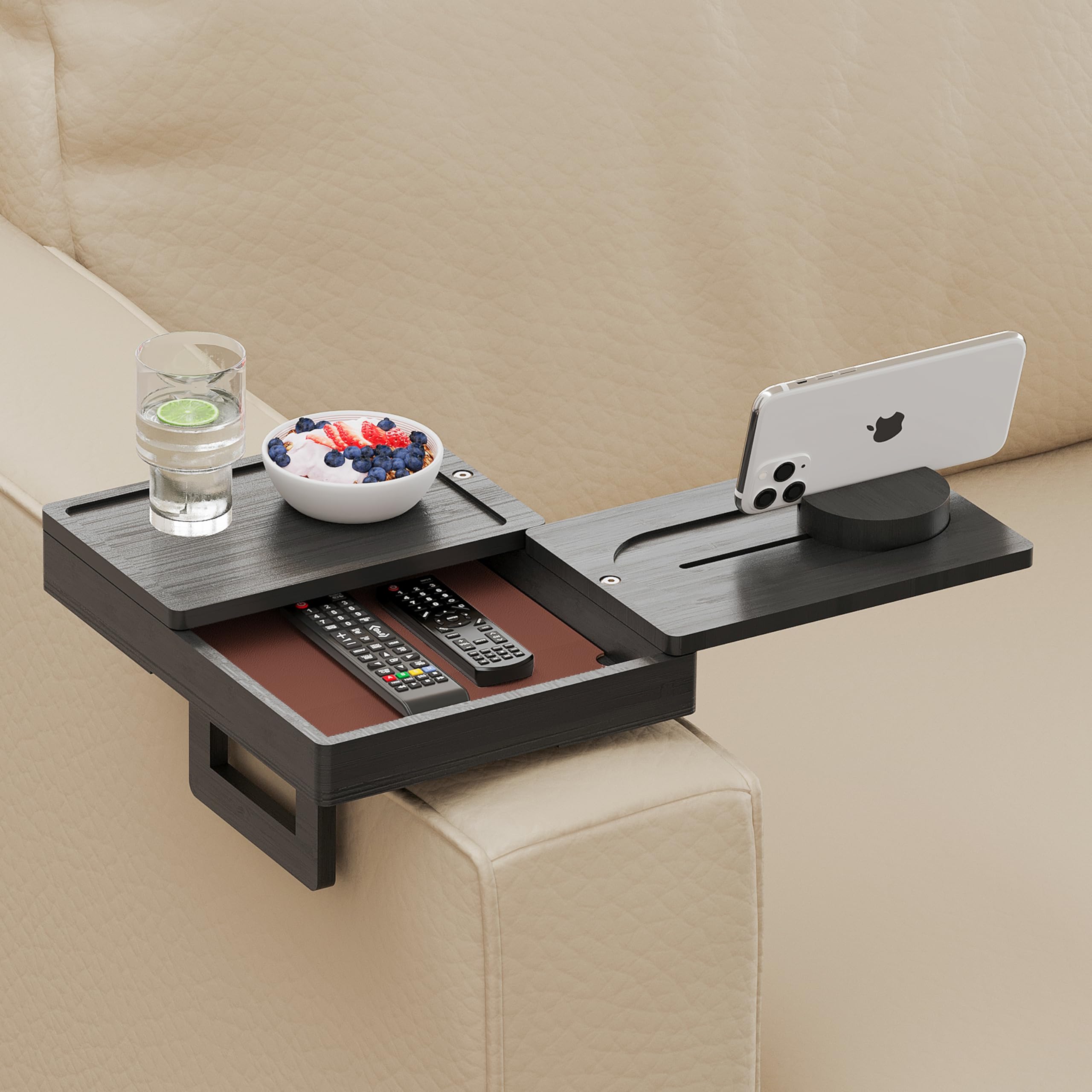 Wealone Black Couch Arm Tray with 2 Rotatable Tray, Adjustable Sofa Arm Clip Table with Storage Box & 360 Phone Holder, Bamboo C