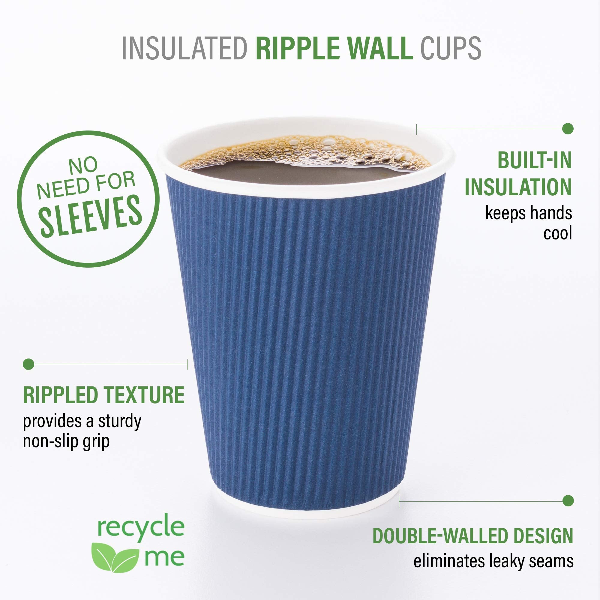 Disposable Paper Hot Cups - 500ct - Hot Beverage Cups  Paper Tea Cup - 16 oz - Midnight Blue - Ripple Wall  No Need For Sleeves - Insulated - Wholesale - Takeout Coffee Cup - Restaurantware