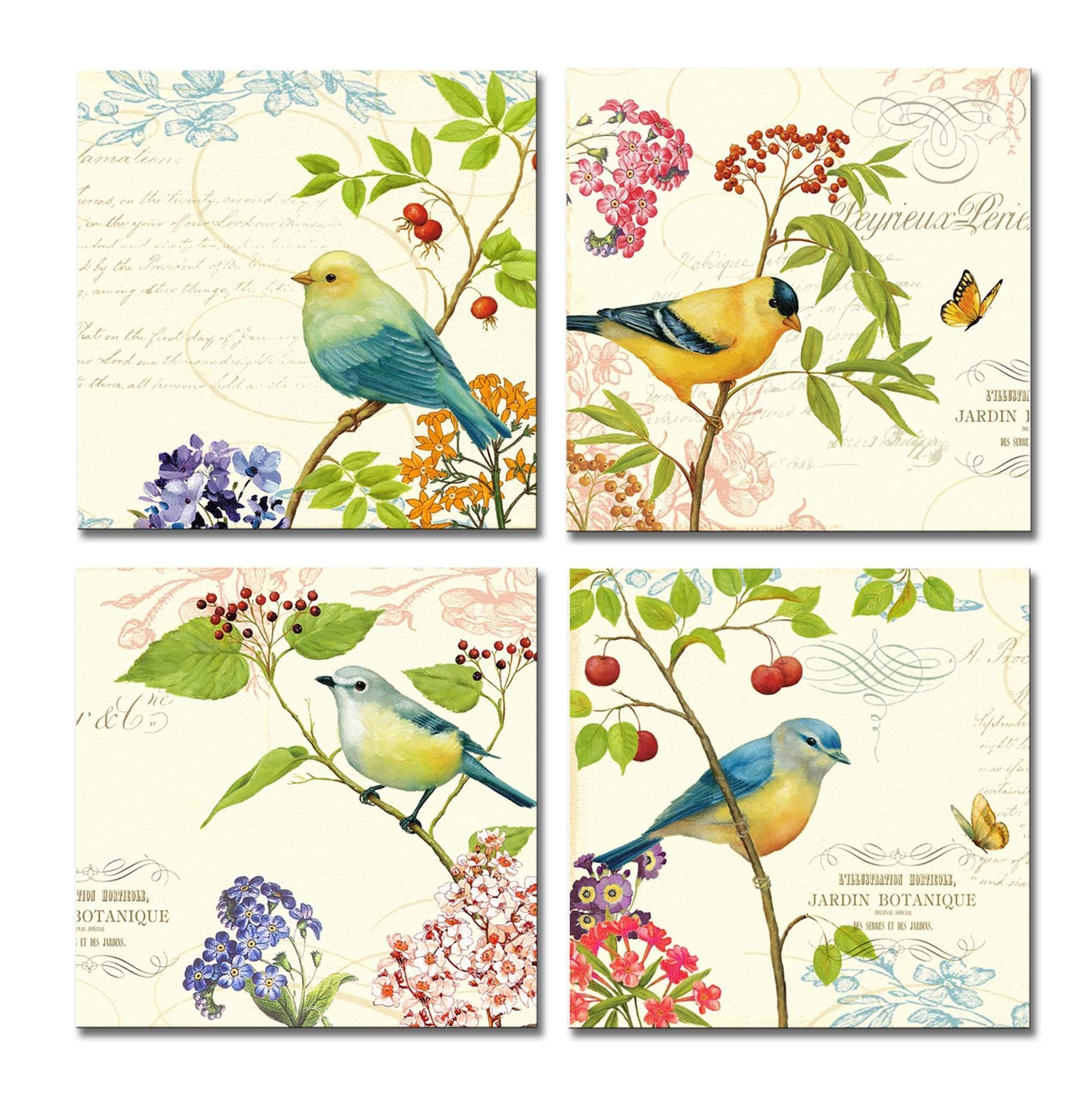Specialart High-End Frame Wall Art - 4Pcs Birds On The Trees Of Bloom And Butterfly Pictures Print On Canvas Painting Stretched