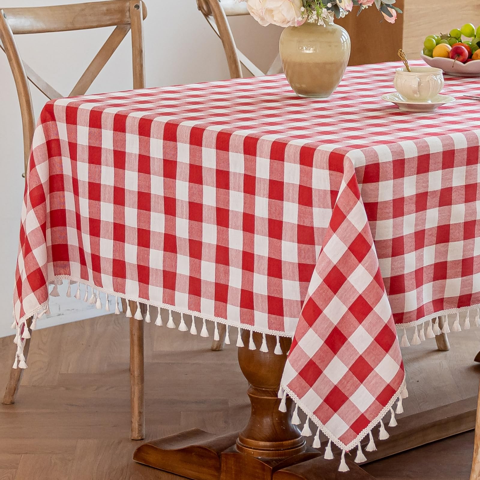 Alsoo Red Gingham Tablecloth Rectangle 55 x 90 Inch, Farmhouse Cotton Linen Blend Table Cloth with Tassels, Washable Wrinkle Res