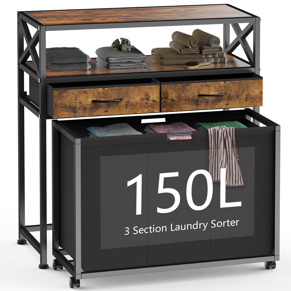 Laundry Sorter, Laundry Hamper With 3 Section Pull-Out Bags, Rolling Laundry Basket Organizer With Drawers And Shelves, Large La