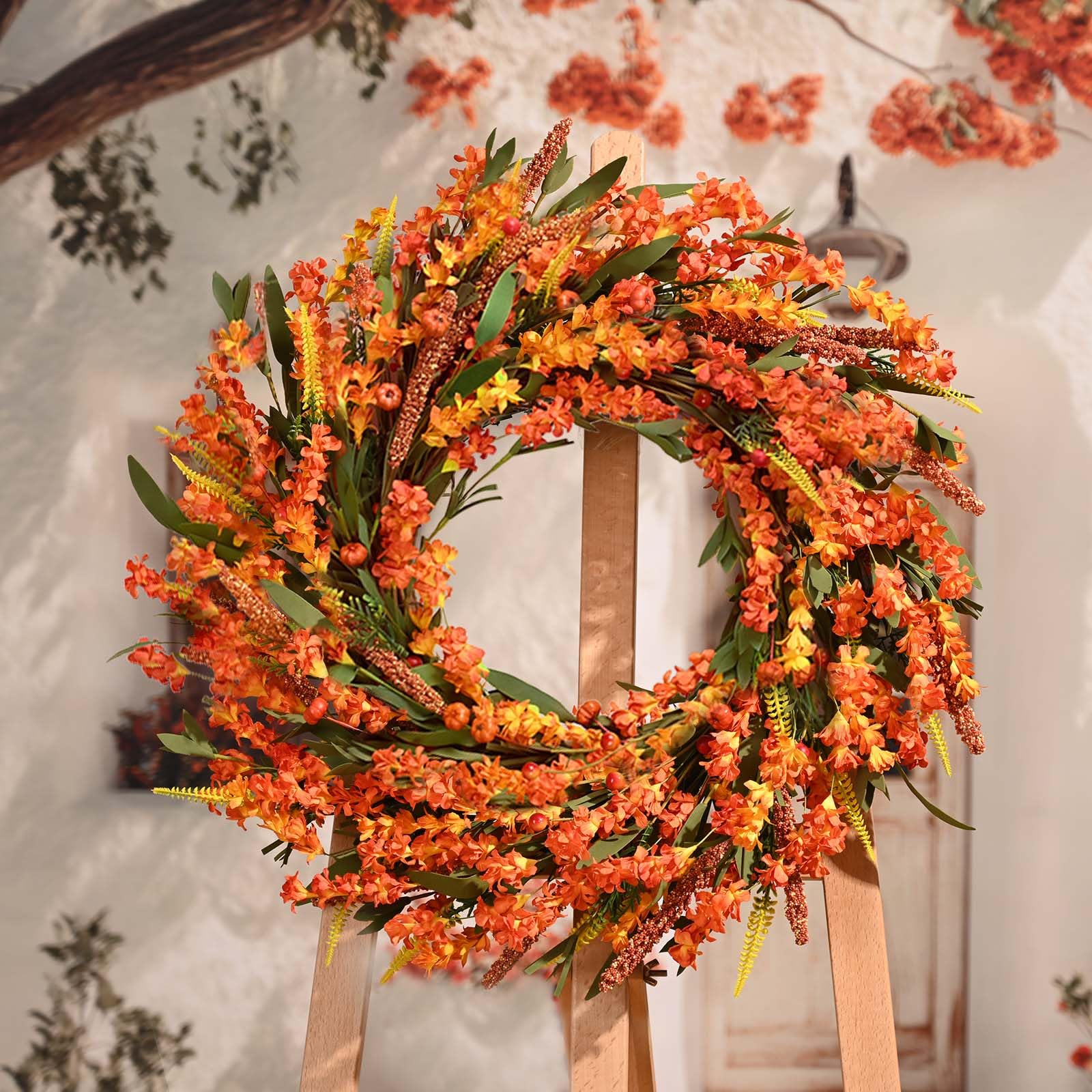 Waipfaru Fall Wreaths for Front Door Outside, 22 Inch Autumn Wreath with Orange Yellow Forsythia Flower Pumpkin, Autumn Decorati