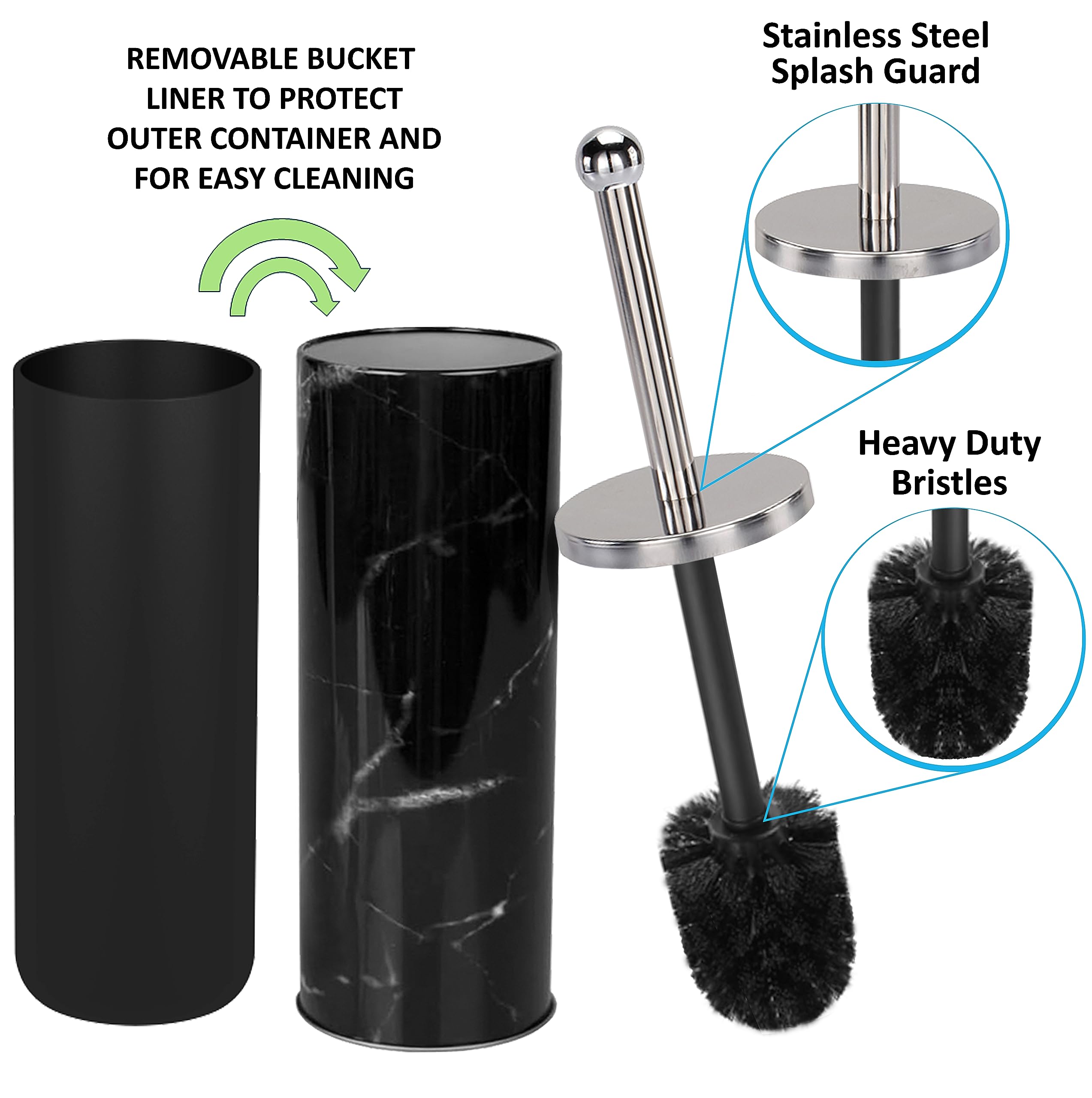 Zahari Home Marble Toilet Bowl Brush And Holder, Black, Metal