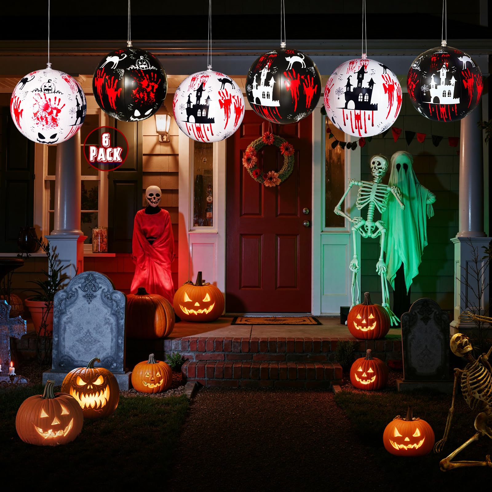 10 PCS 11.8 inch Hanging Halloween Decorations Ball Set, Inflatable Hanging Halloween Ornament Balls with Bloody Handprints, Hau