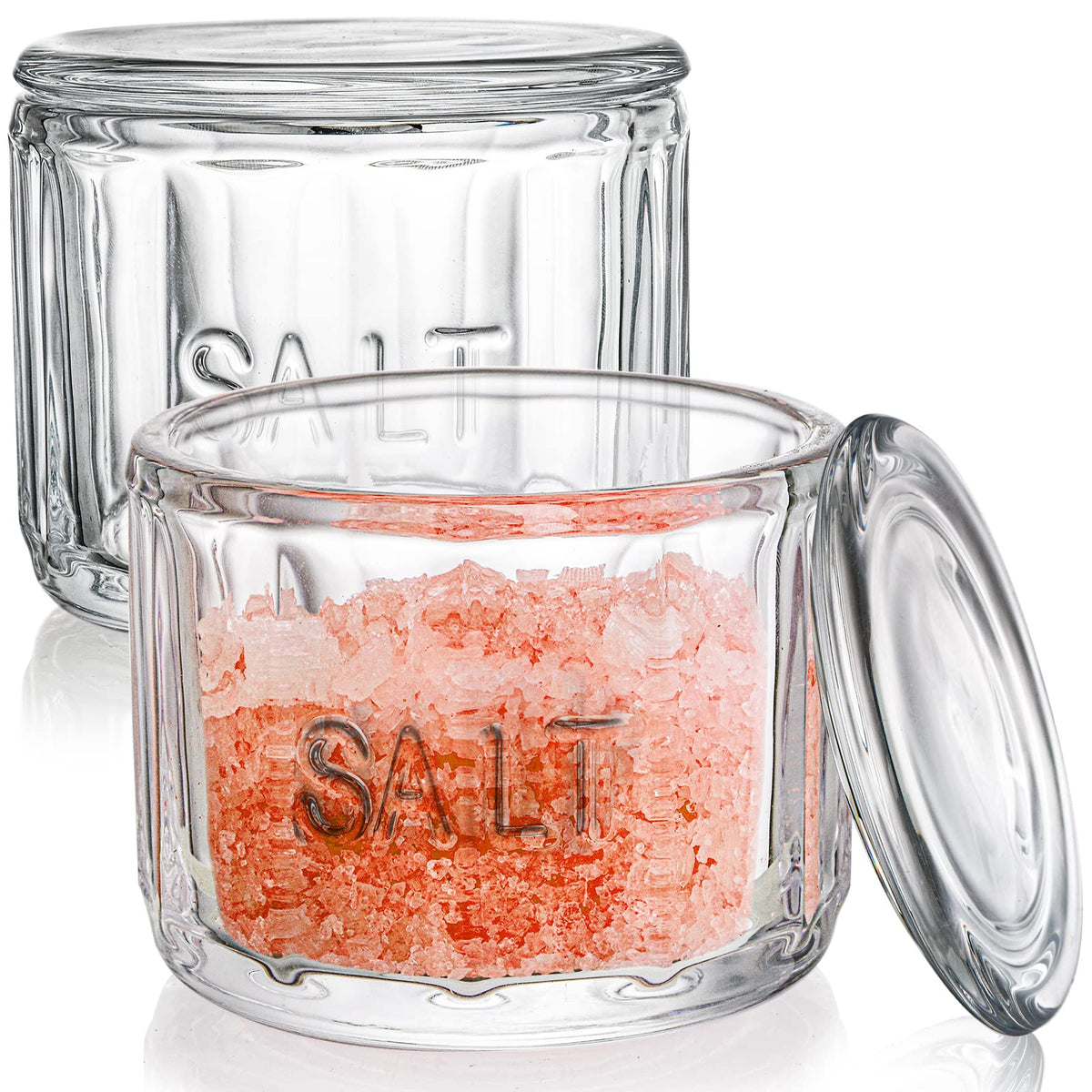 Nicunom 2 Pack Clear Glass Salt Cellar With Lid, Salt Storage Container Salt Box, Retro Style, Kitchen Decor, Wedding Gift, 3.75
