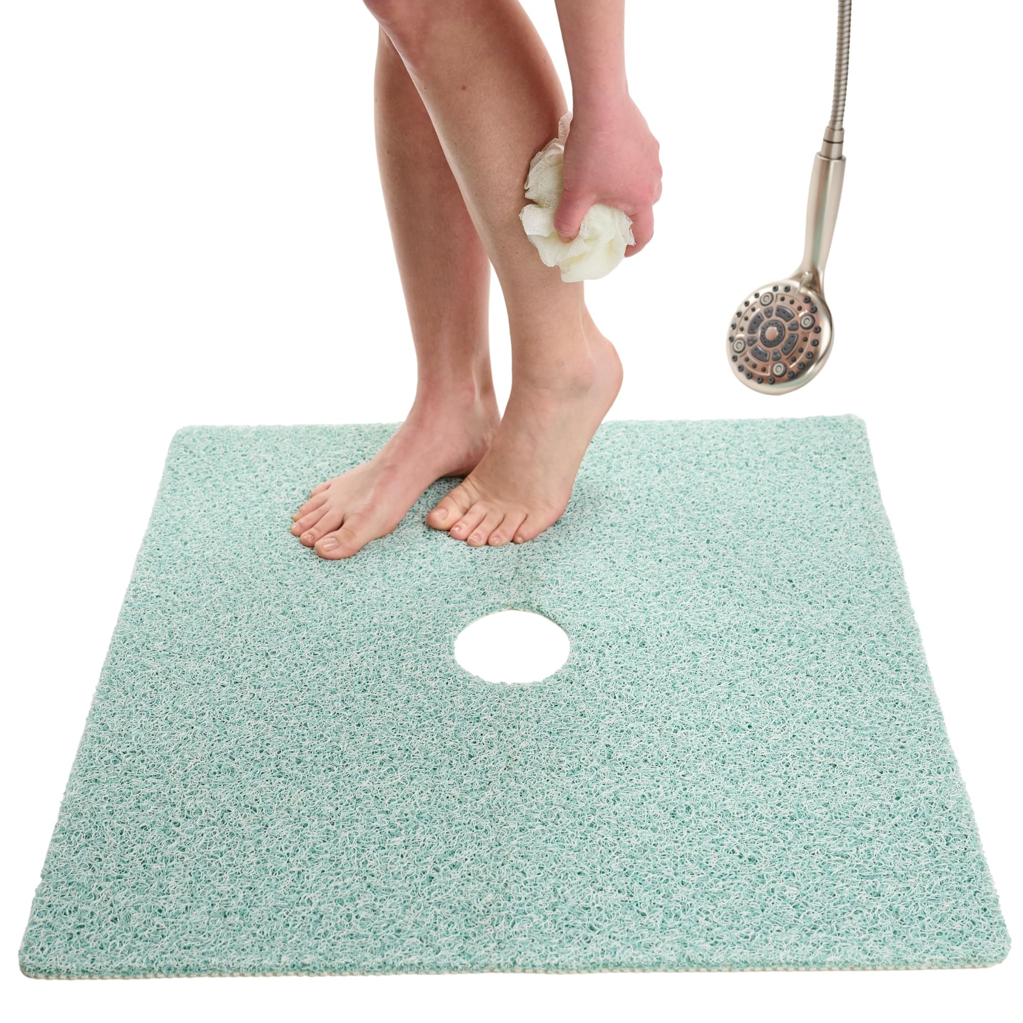Square Shower Mat With Center Drain Hole In Middle - Loofah Non Slip Shower Mats For Inside Shower - Square Bath Mats For Shower