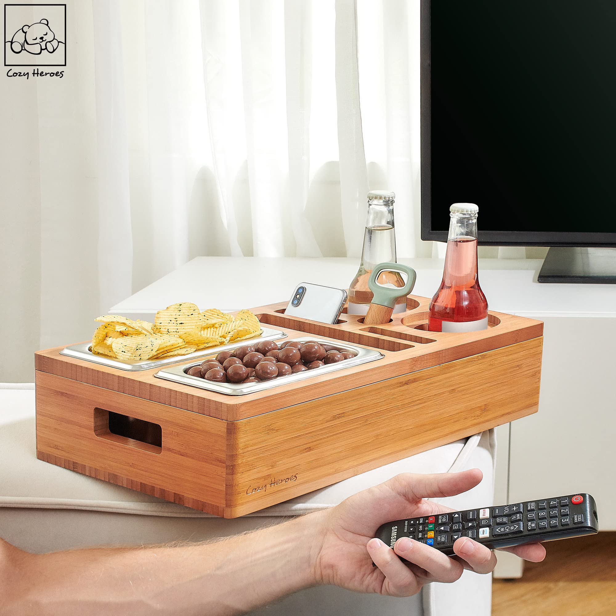 Cozy Heroes Bamboo Couch Console Caddy: Ultimate Couch Cup Holder Tray, Middle-Couch Organizer, Drink Holder With Removable Magn