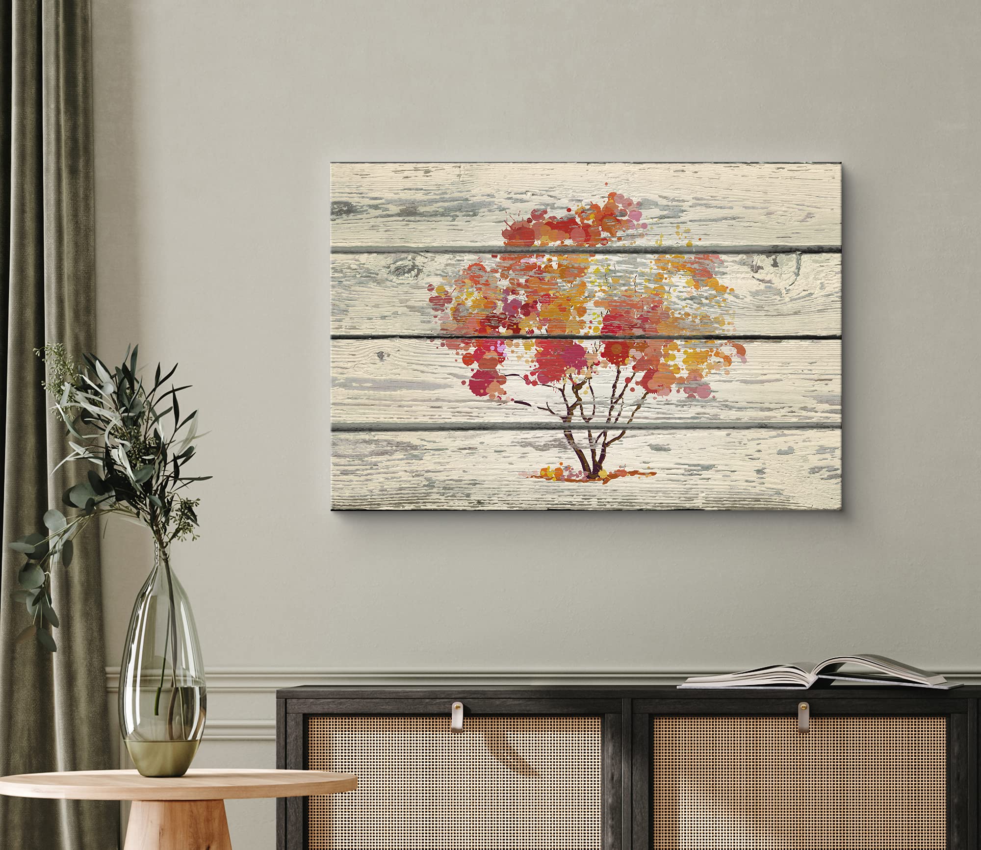 Wall26 Canvas Print Wall Art Vintage Red & Orange Tree On Wood Panels Floral Plants Illustrations Modern Art Rustic Scenic Relax