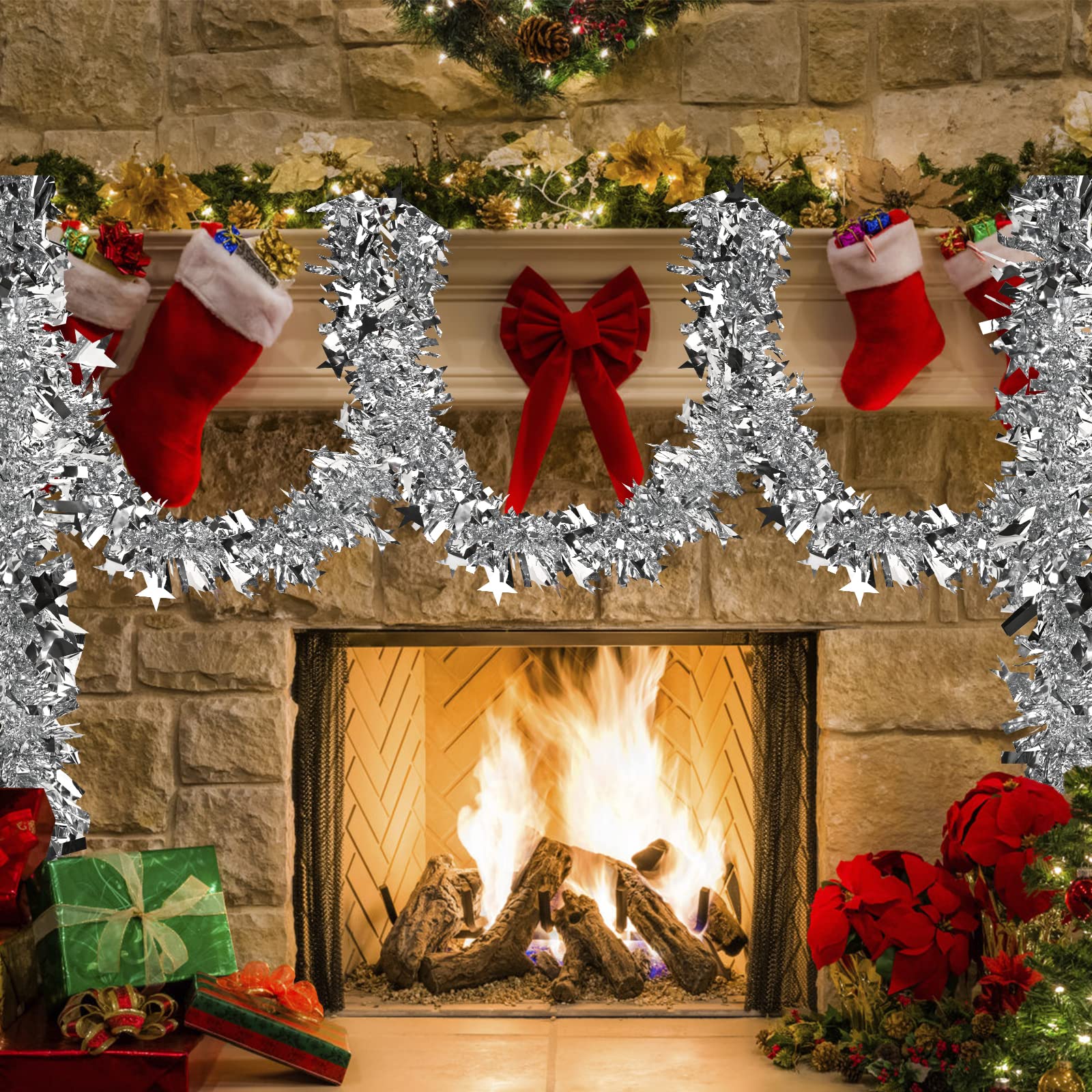 33ft Silver Christmas Tinsel Garland,Xmas Metallic Twisted Hanging Garland with Star for Chistmas Tree Fireplace Home Decoration
