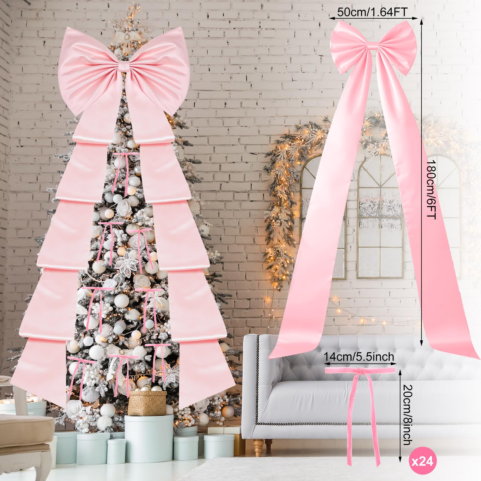 Daifunli 71 x 20 Inch Giant Pink Bow Christmas Tree Topper with 24 Pcs Velvet Christmas Bow Extra Large Xmas Tree Topper Decor f