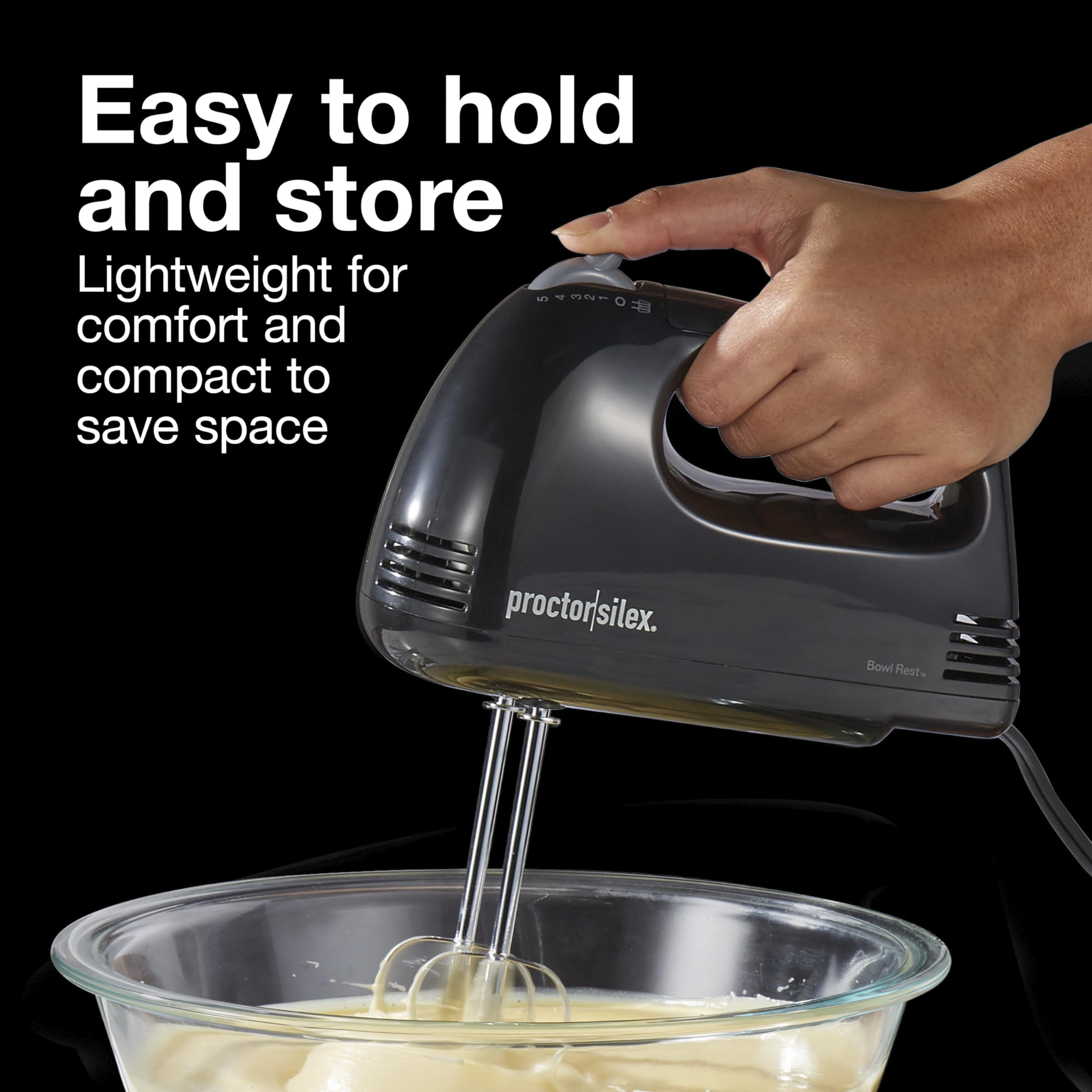 Proctor Silex Easy Mix 5-Speed Electric Hand Mixer With Bowl Rest, Compact And Lightweight, 100 Watts Of Peak Power, Black