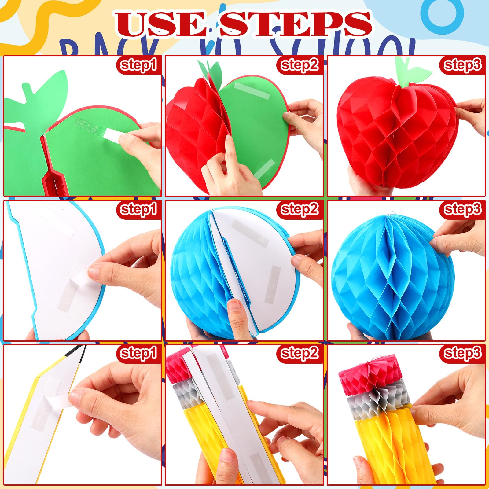 Seenelling 24 Pcs Back To School Decorations Honeycomb Centerpiece Include 12 Pencil Hanging Honeycomb 6 Fruit Shaped Paper Hone