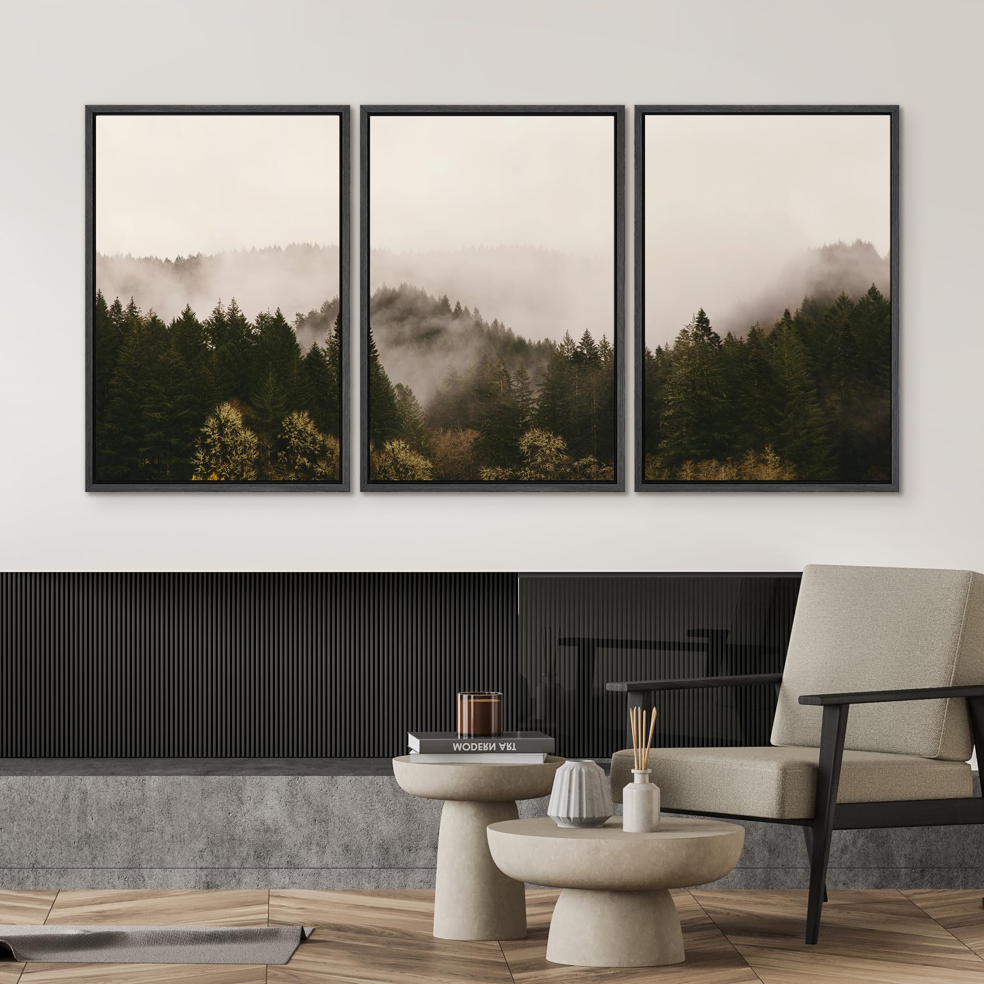 SIGNWIN 3 Piece Framed Canvas Wall Art Brown Foggy Mountains Nature Wilderness Photography Abstract Rustic Canvas Prints Home Artwork Decoration for Living Room Bedroom - 16 ''x24 ''x3 Panels