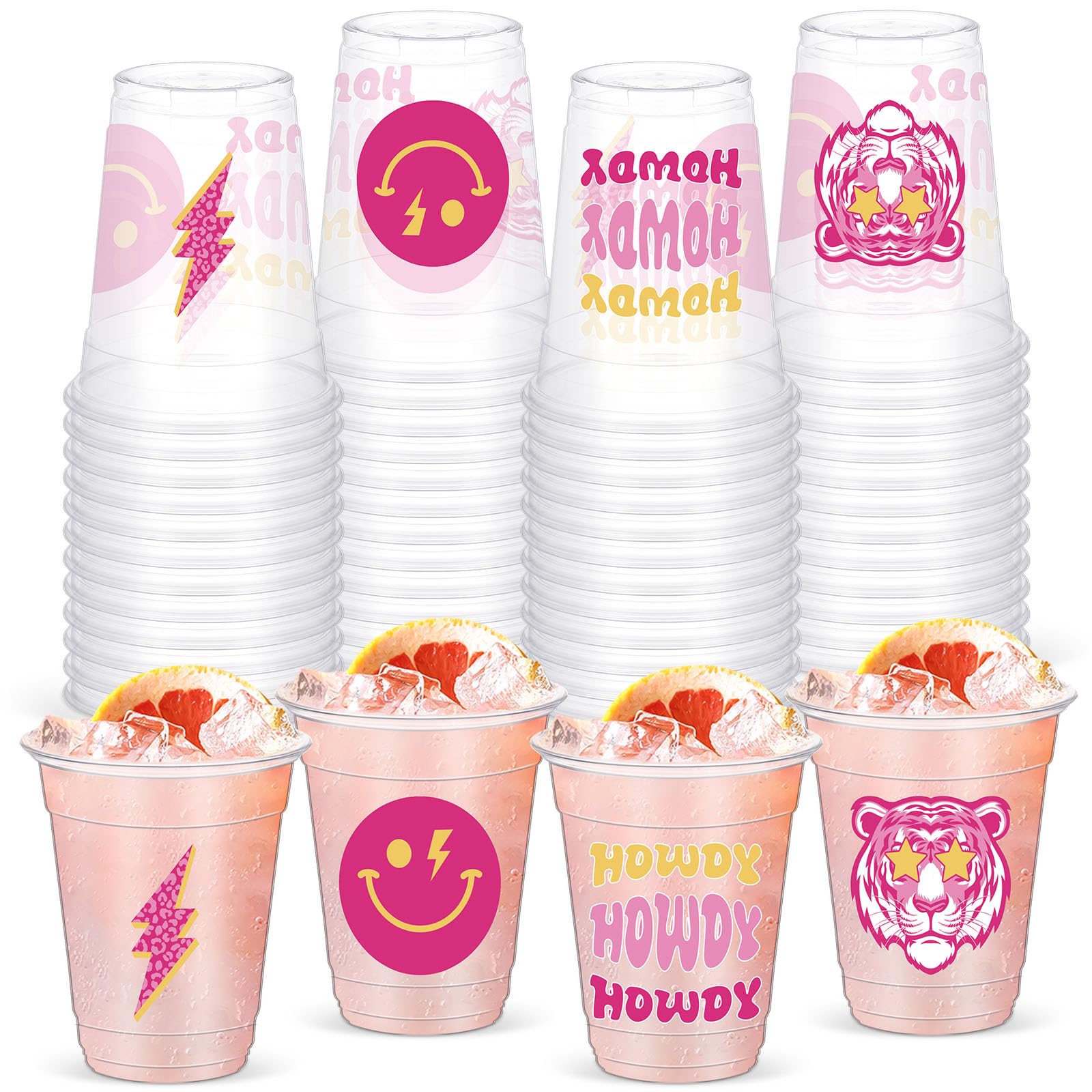 Yaomiao 50 Pieces Preppy Cups 12 Oz Bulk Howdy Disposable Plastic Cups Smile Preppy Birthday Clear Drinking Beverage Cups For Te