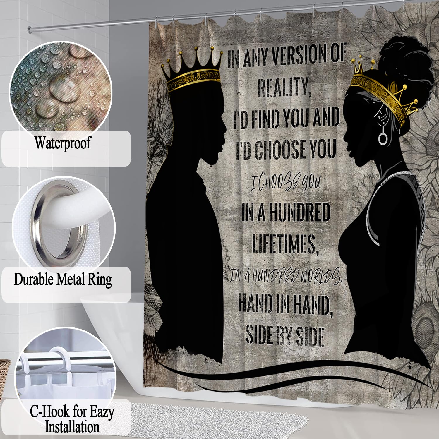 Omebero 4 Pcs Black King Queen Shower Curtain Set, Romantic Words Black Man Women Bathroom Sets With Shower Curtain And Rugs Toi