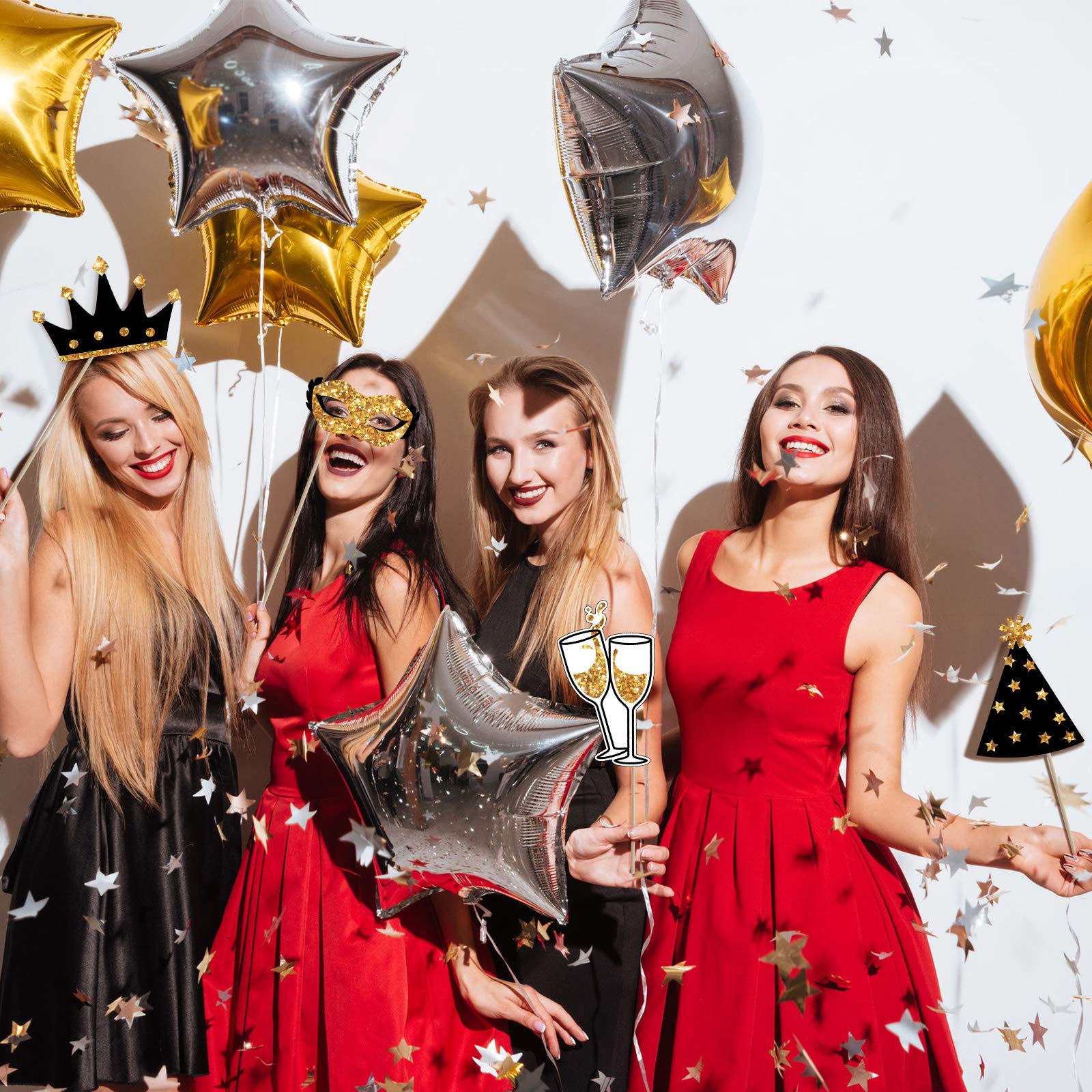 24 Pieces Party Photo Booth Props for Birthday Weddings Graduation Prom New Year Party Supplies Mix of Hats  Lipstick  Tie  Crowns (Golden)