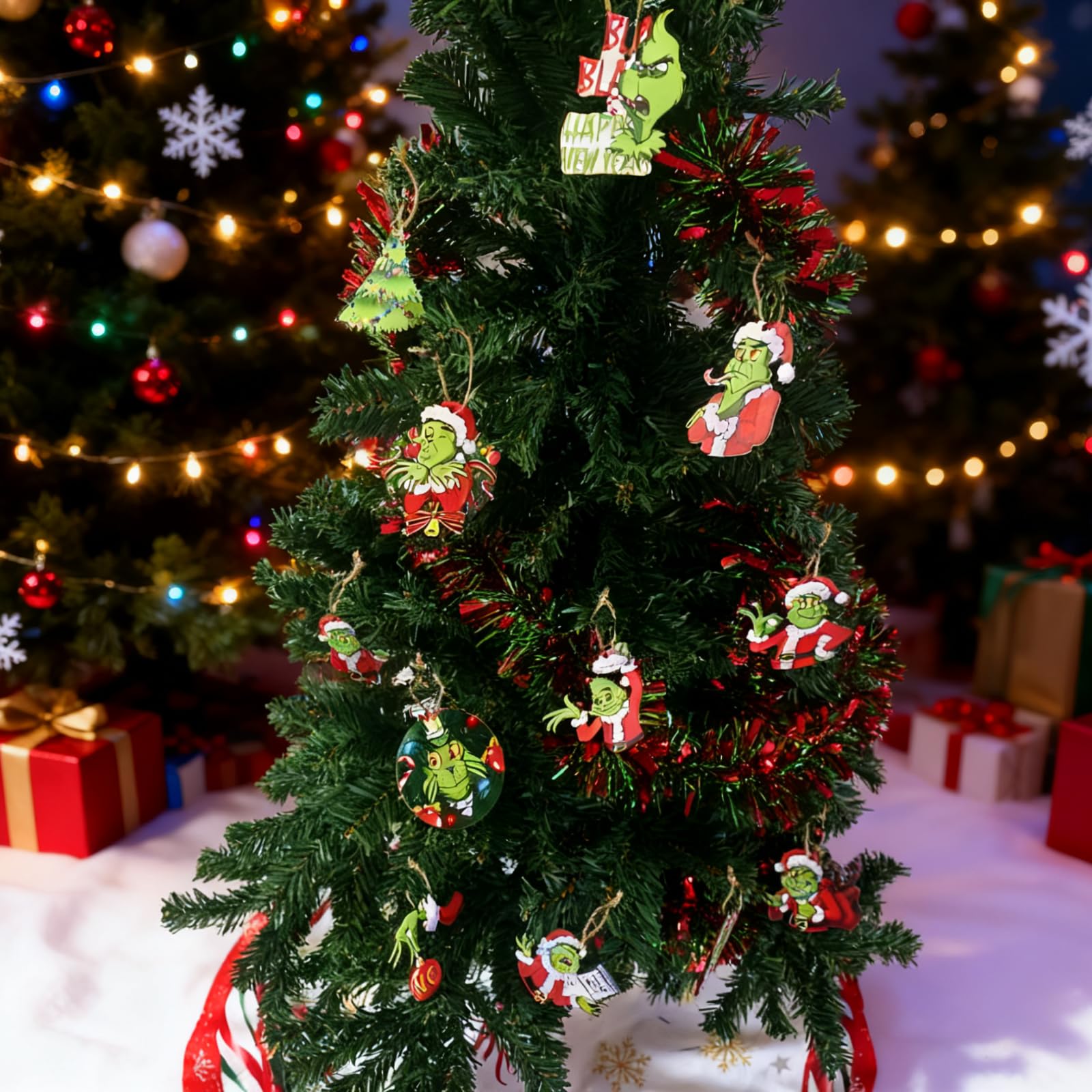 Grinch Christmas Ornaments for Christmas Tree Decorations 24 pcs Green Monster Wooden Hanging Ornament for Home Xmas Holiday Par