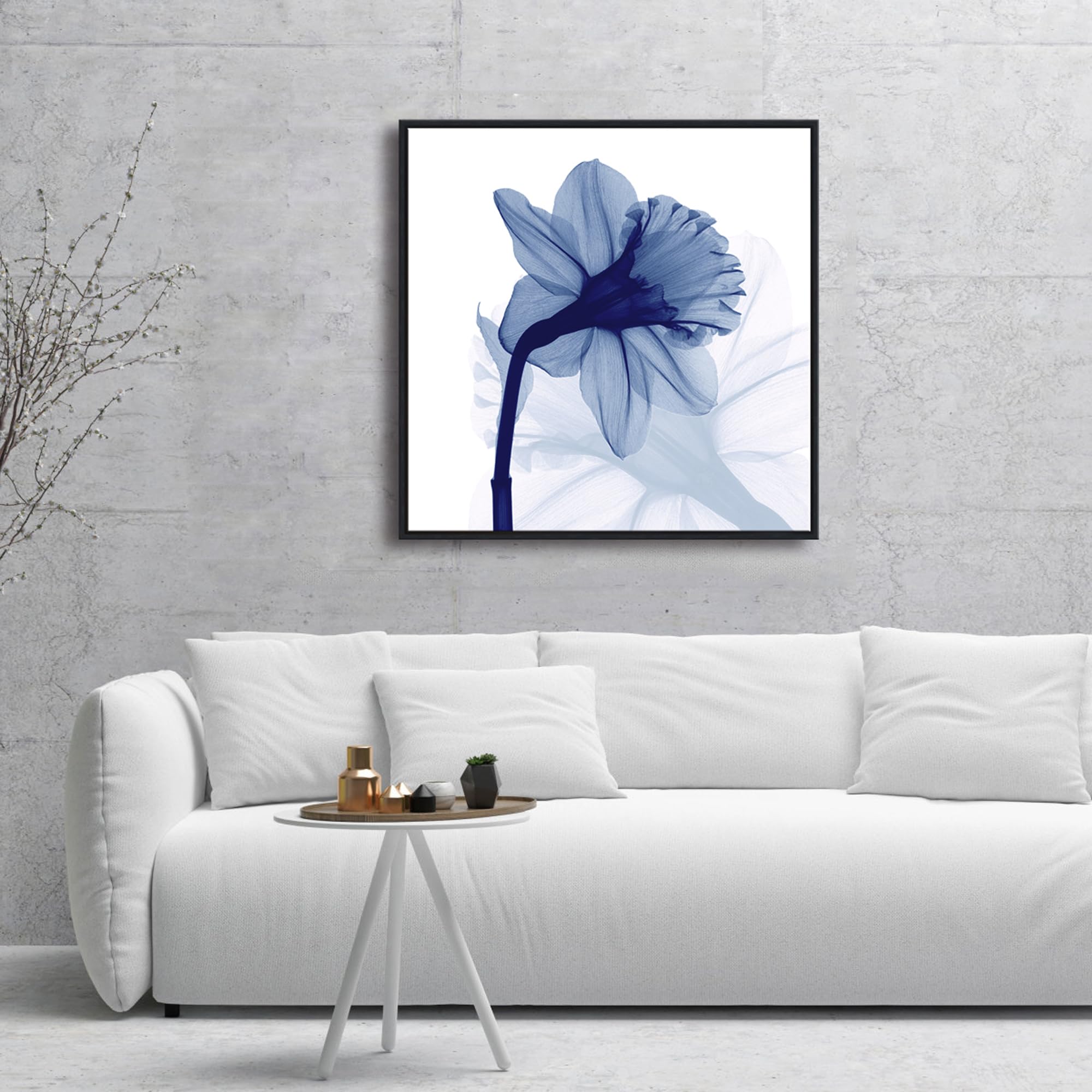 Pyradecor Large Black Framed One Panel Blue Flickering Flower Modern Paintings Canvas Wall Art Grace Floral Pictures On Canvas P