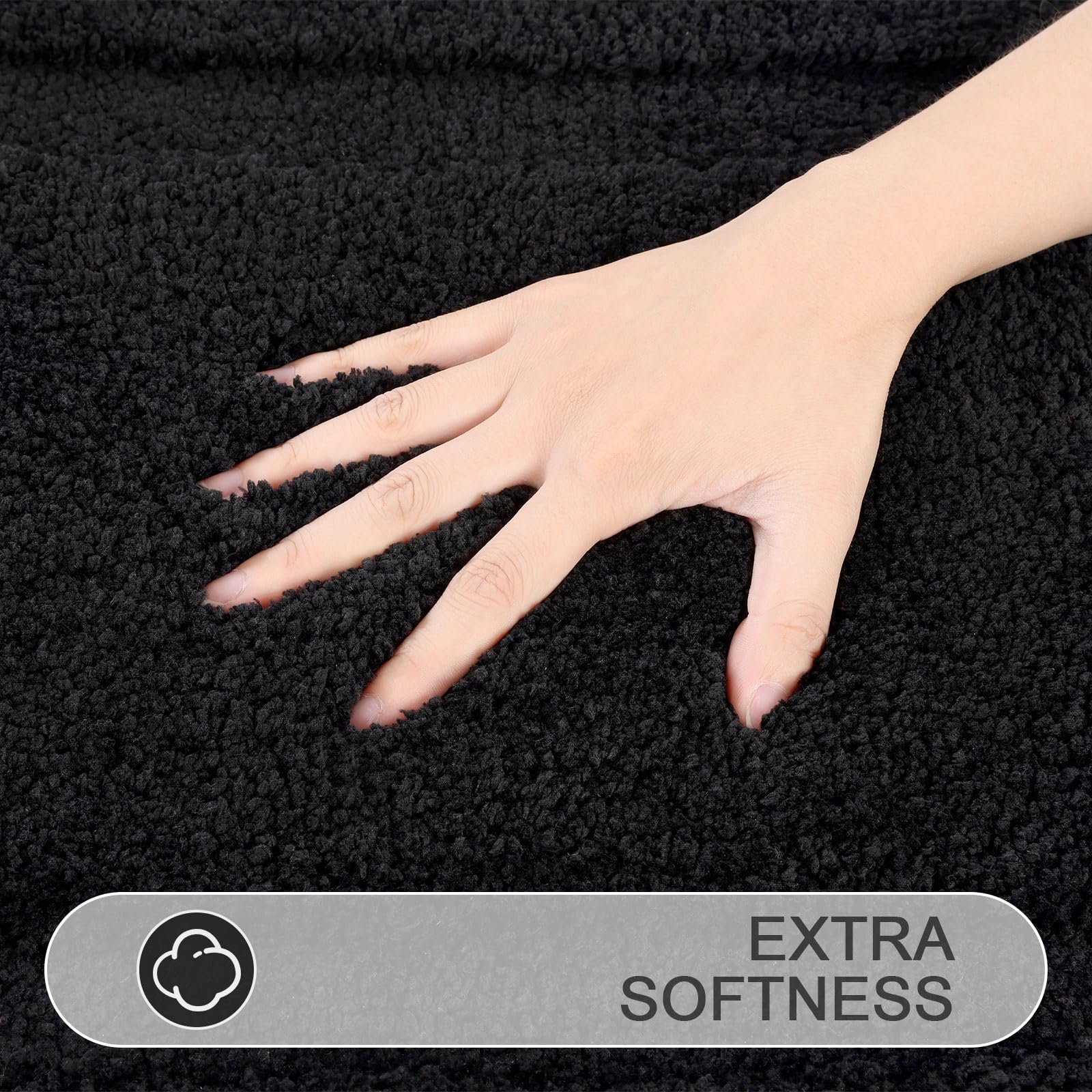 SHACOS Soft Fluffy Bathroom Runner Rugs Set of 3, Non-Slip, Washable, 20"x32"+20"x47"+U Shape 20"x24", Black, 100