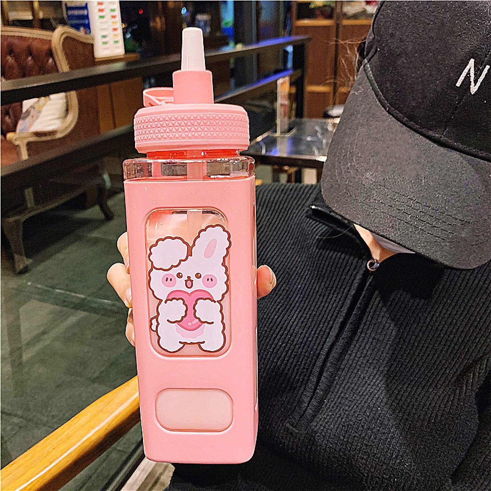 Pexizuan Kawaii Bear Water Bottle With Straw Sport Plastic Portable Square Drinking Bottle For Girl Cute Juice Tea Water Cups 70