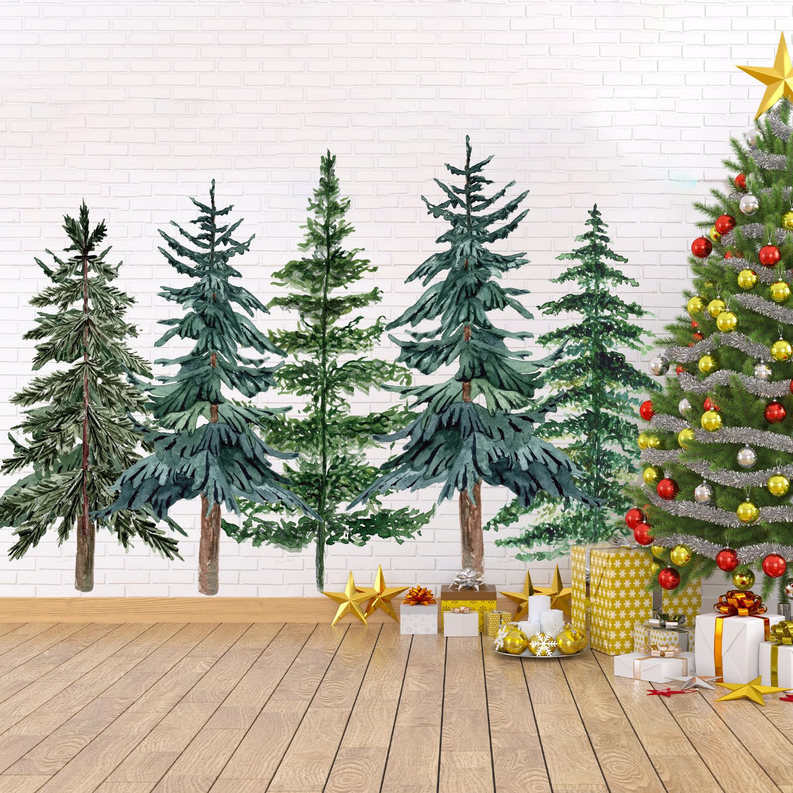 JarThenaAMCS 6 Rolls Christmas Watercolor Pine Tree Wall Stickers 35.4 x 71 Inch Forest Wall Decals Large Room Mural Stickers fo