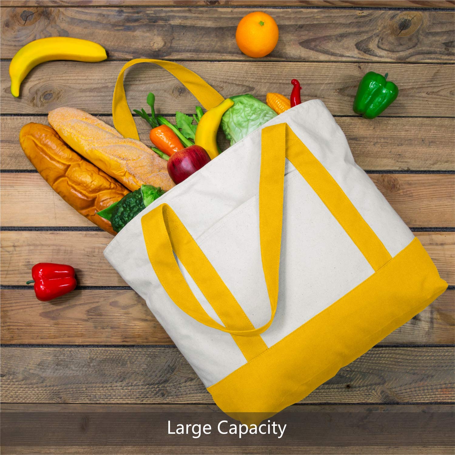 Topdesign Stylish Canvas Tote Bag With An External Pocket, Top Zipper Closure, Daily Essentials (Yellow/Natural)