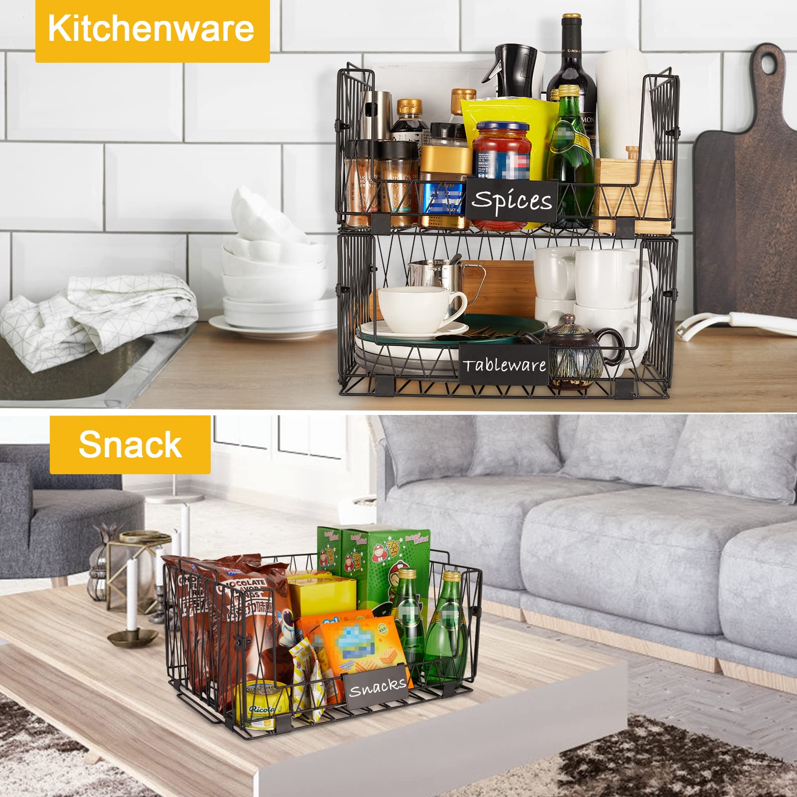 Dxlac 4 Packs Kitchen Organization And Storage Pantry Baskets, Fruit & Vegetable Basket For Kitchen Cabinet, Stackable Wire Bask