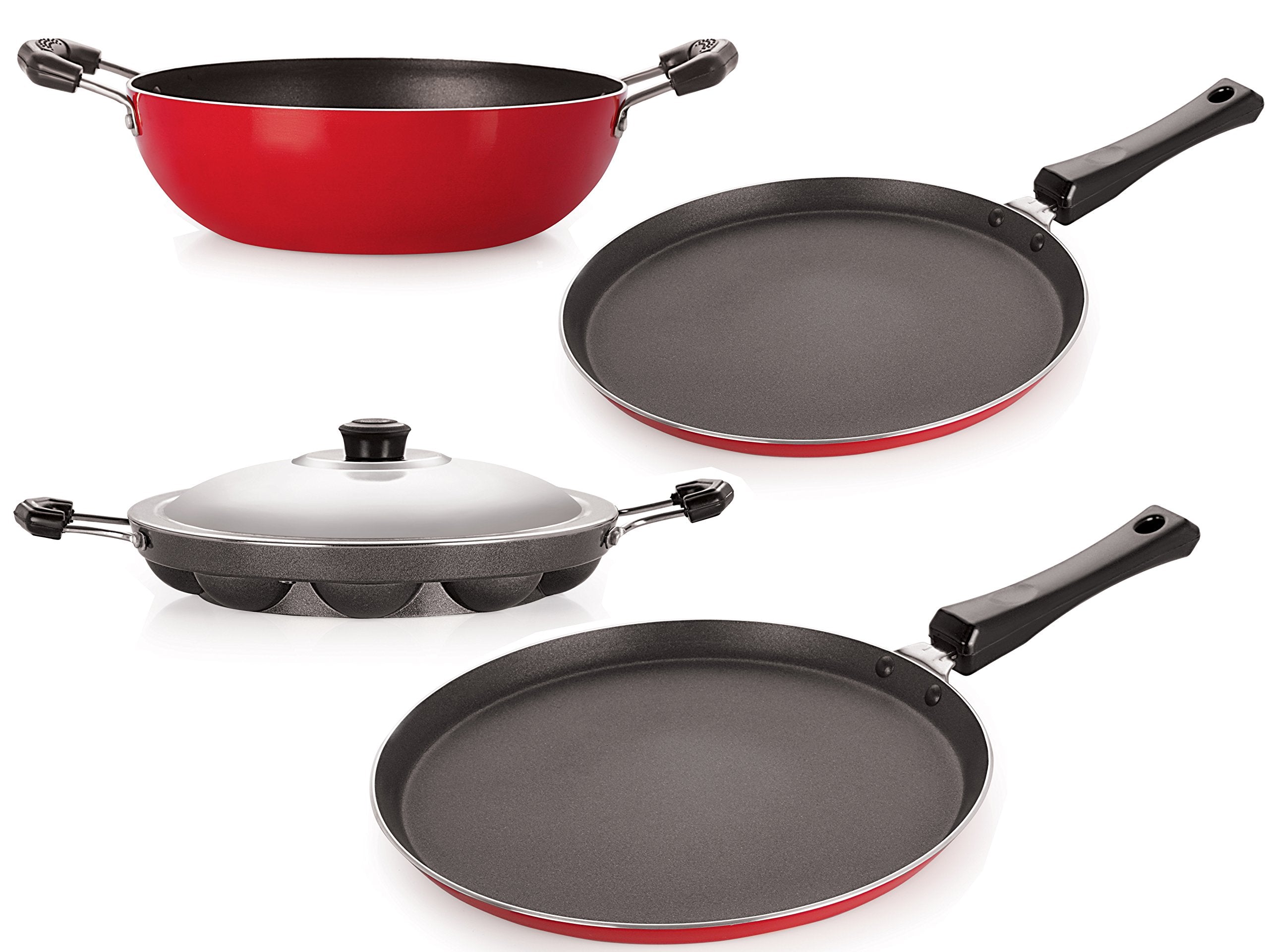 Nirlon NonStick Aluminium Cookware Set, 4Pieces, Red (Ft12_Kd13_Appam_Ft11)