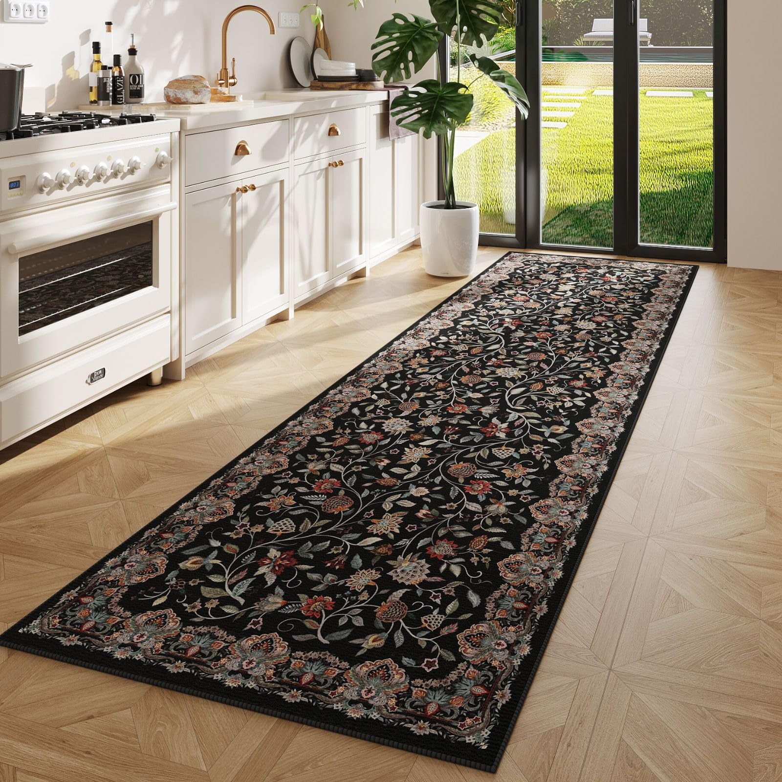 Rugcomf Vintage Paisley Runner Rug 27x8 - Machine Washable, Non-Slip Low Pile Floral Carpet for Kitchen, Laundry, Bedroom, Bat