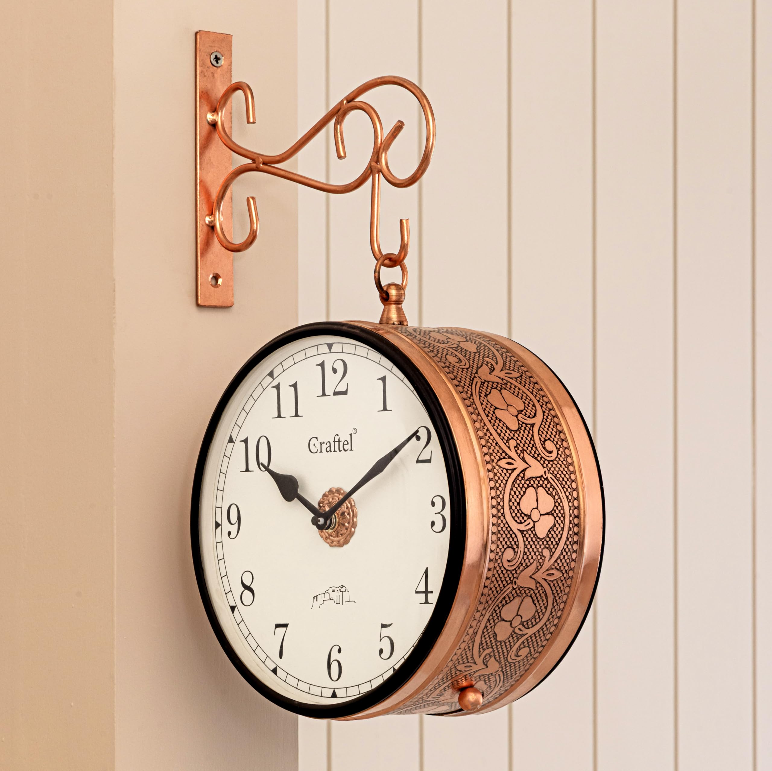 CRAFTEL Metal Analog Double Sided Vintage Station Wall Clock with Brass in dial (Dial - 8 Inches, Rose Gold)