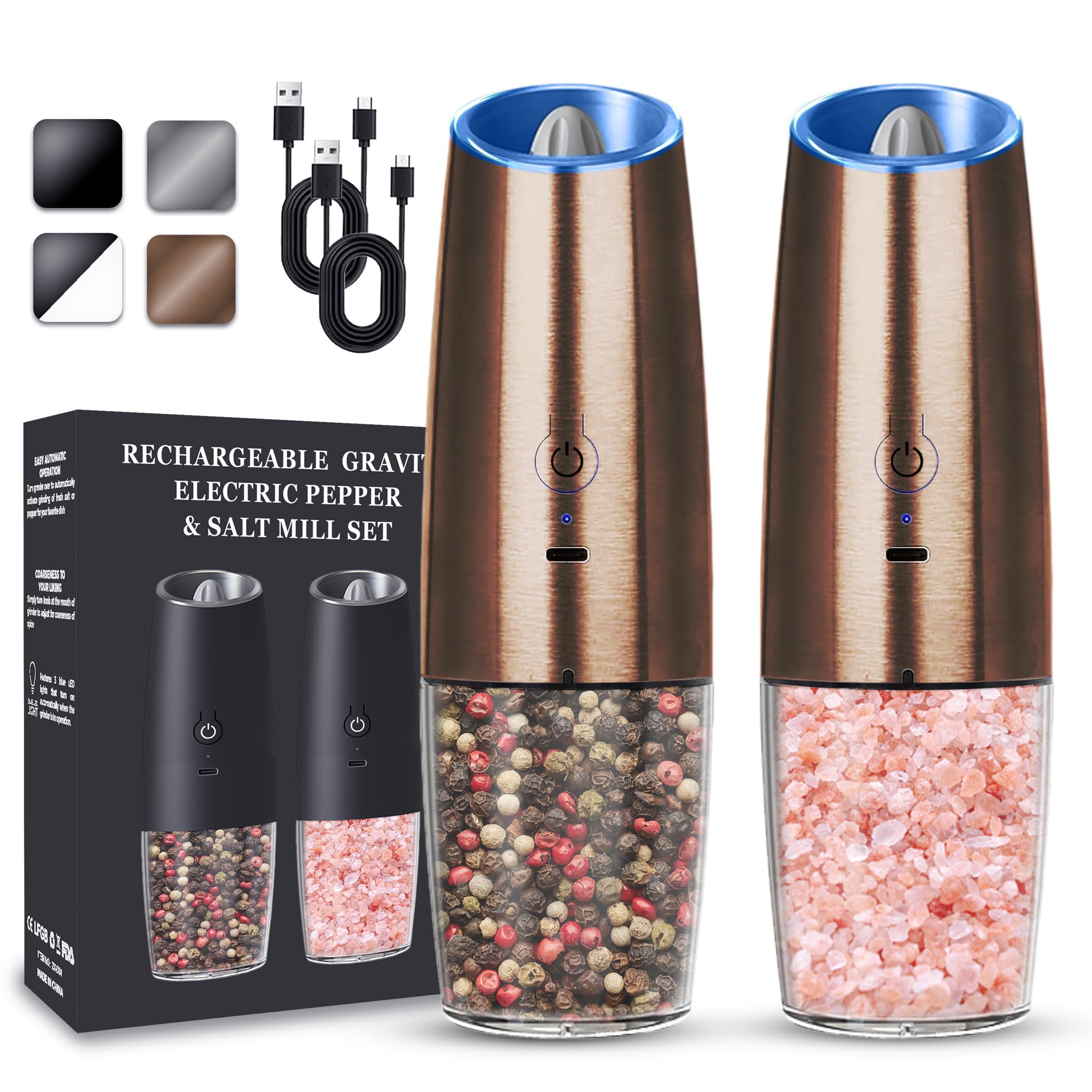 UNNEES Rechargeable Electric Salt and Pepper Grinder set of 2, gravity electric salt and pepper grinder set, Adjustable Roughnes