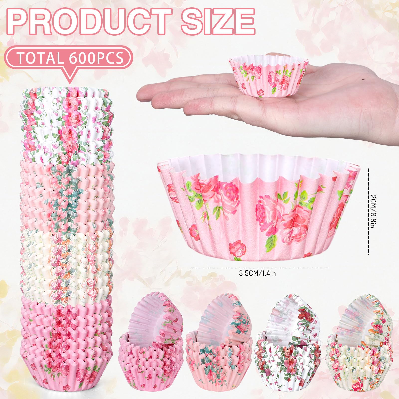 Jarthenaamcs 600Pcsmini Floral Cupcake Liners Watercolor Flower Baking Cups Cupcake Wrappers Holders Muffin Liners For Spring We