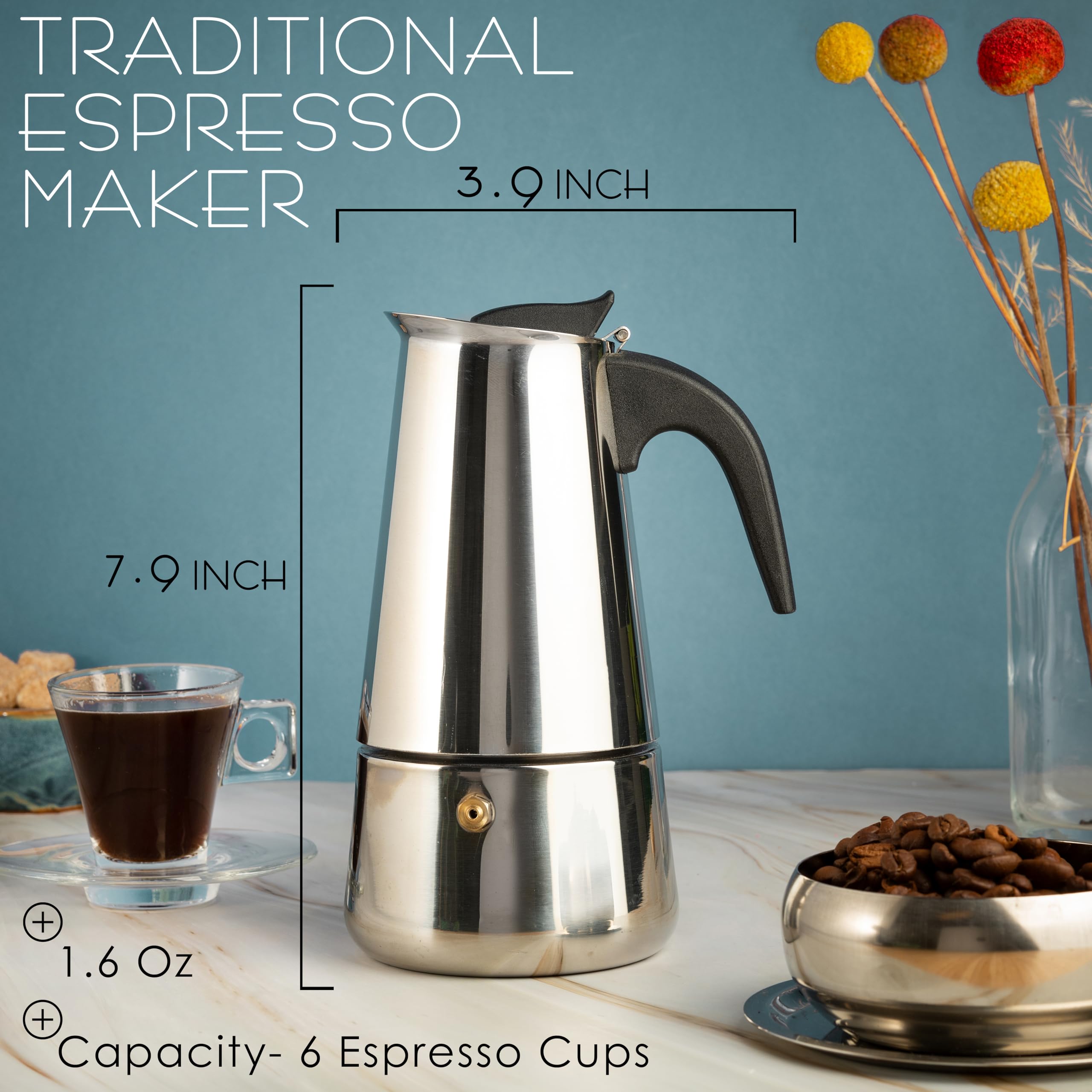 Mixpresso 6 Cup Greca Coffee Maker Stovetop Espresso Coffee Maker, Moka Coffee Pot With Coffee Percolator Design, Stainless Stee